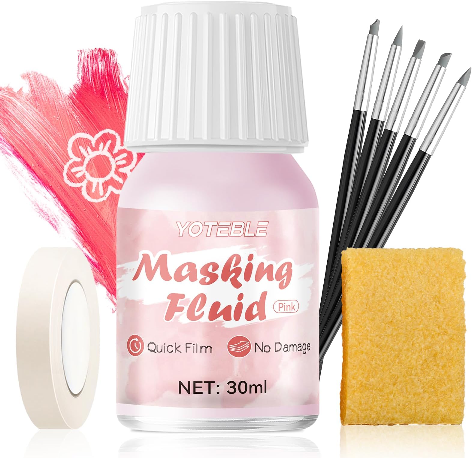 - Masking Fluid for Watercolor Painting, Liquid Masking for Painting with 5 Silicone Pens & Masking Tape & Eraser, Easy Peel, Fast Drying Use to Ink, Gouache, Fine Arts & Crafts Supplies, Pink, 30ml