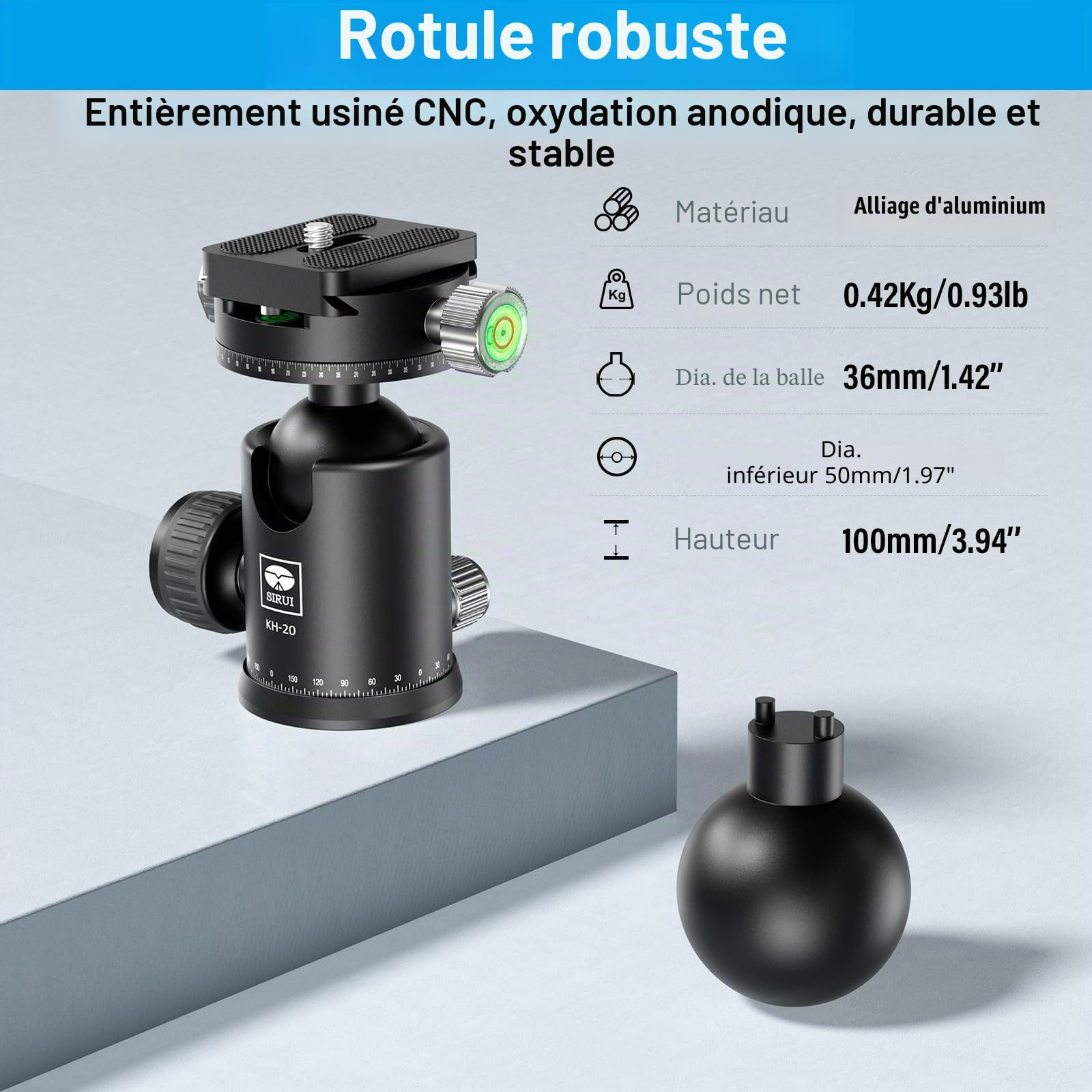 SIRUI Trépied à Rotule pour Appareil Photo, Rotule Panoramique Double 360°, Métallique 36 mm, Plateau Dégagement Rapide 1/4", 44lbs, KH-20