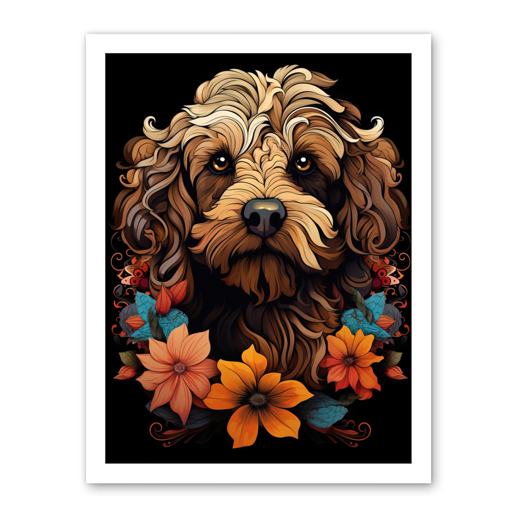 Artery8 Cockapoo Dog with Flowers Artwork Orange Brown Blue Floral Art Nouveau Portrait on Black Artwork Framed Wall Art Print 18X24 Inch