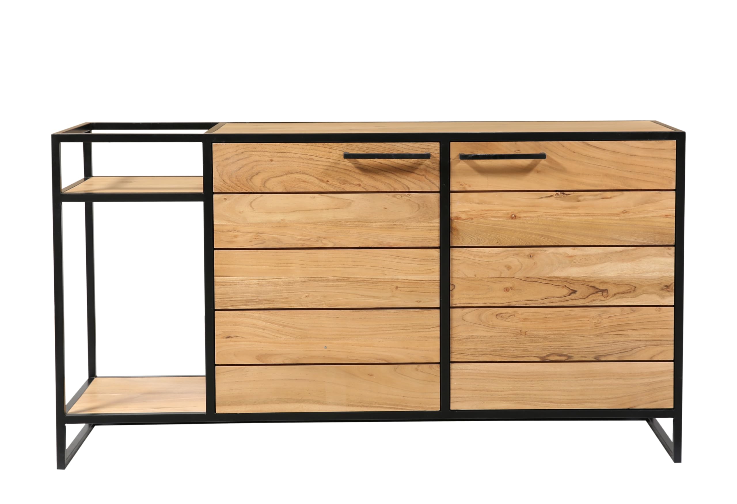Modern Sideboard Cabinet – Natural Wood with Black Metal Frame || 2 Drawers & Display Shelves || 149x80x42cm-image-24