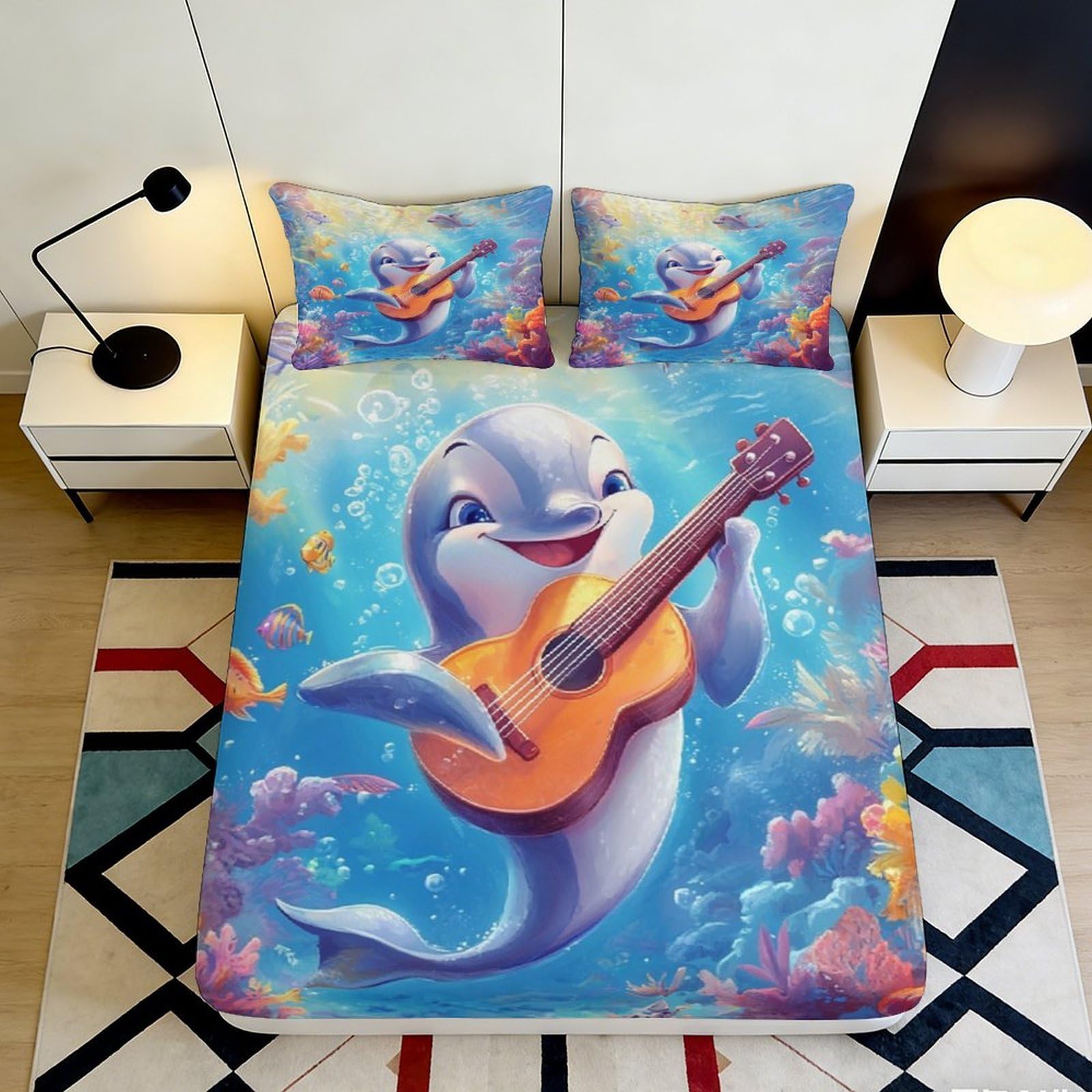 3D Printed Dolphin Guitar Fitted Sheet Microfiber Soft Breathable Underwater Scene Bed Cover for Bedroom Dormitory Guest Room Mattress Protection Decor 140x200x25cm