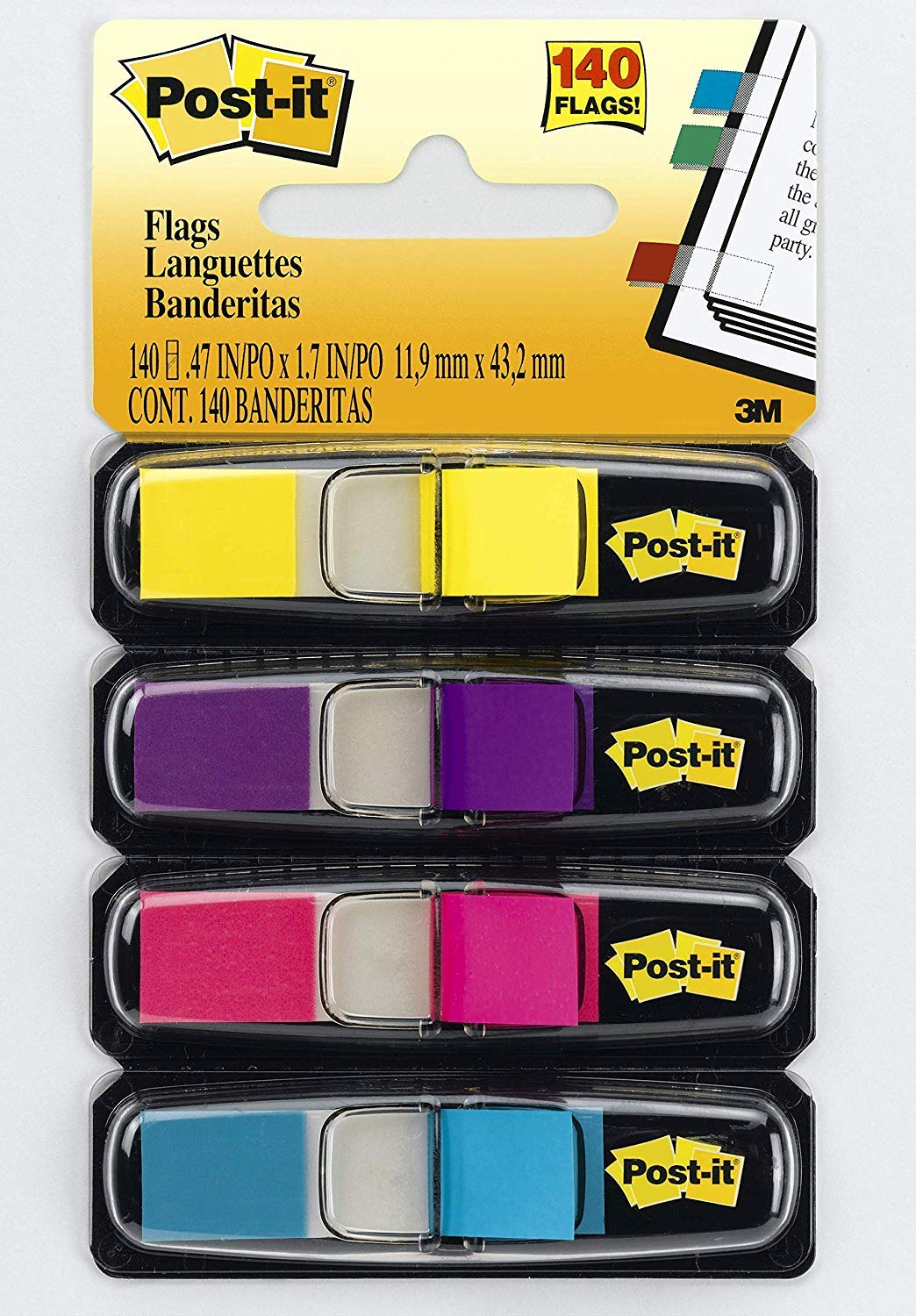Flags, Assorted Bright Colors.47 in. Wide, 35/Dispenser, 4 Dispensers/Pack, (683-4AB), 6 Pack