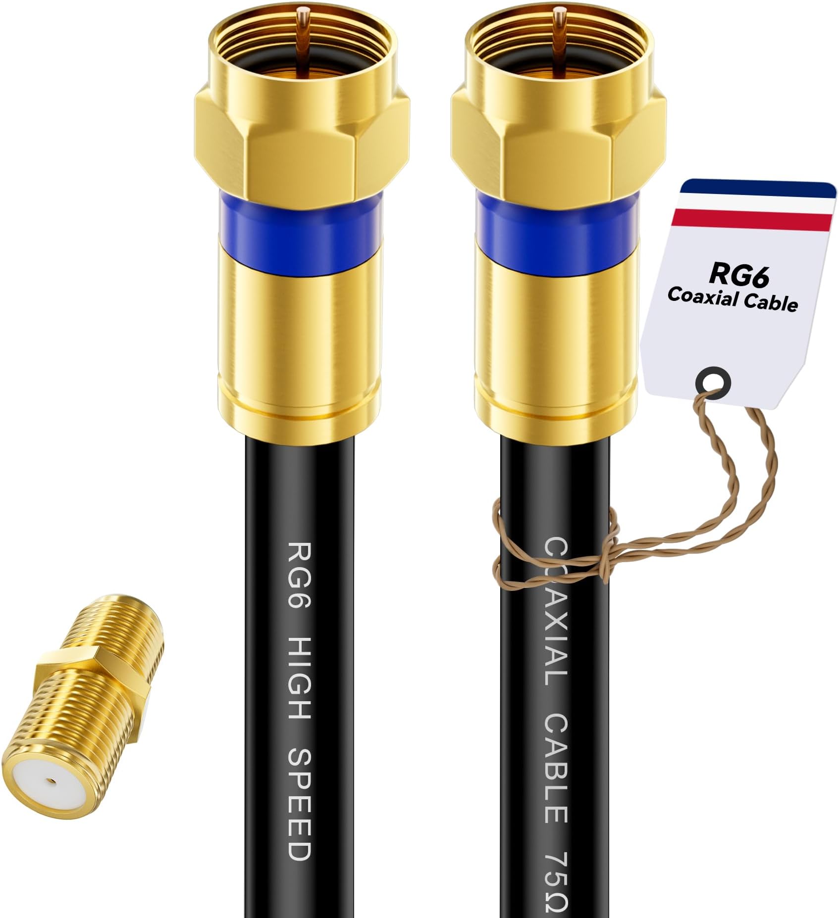 Coaxial Cable 3ft/6ft/10ft/15ft/25ft/50ft/60ft/75ft/100ft, RG6 Coax Cable Extender with Gold F-Type Connector, High Speed Internet for HD TV, Modem, Digital Antenna, Satellite, Black(1.5ft)