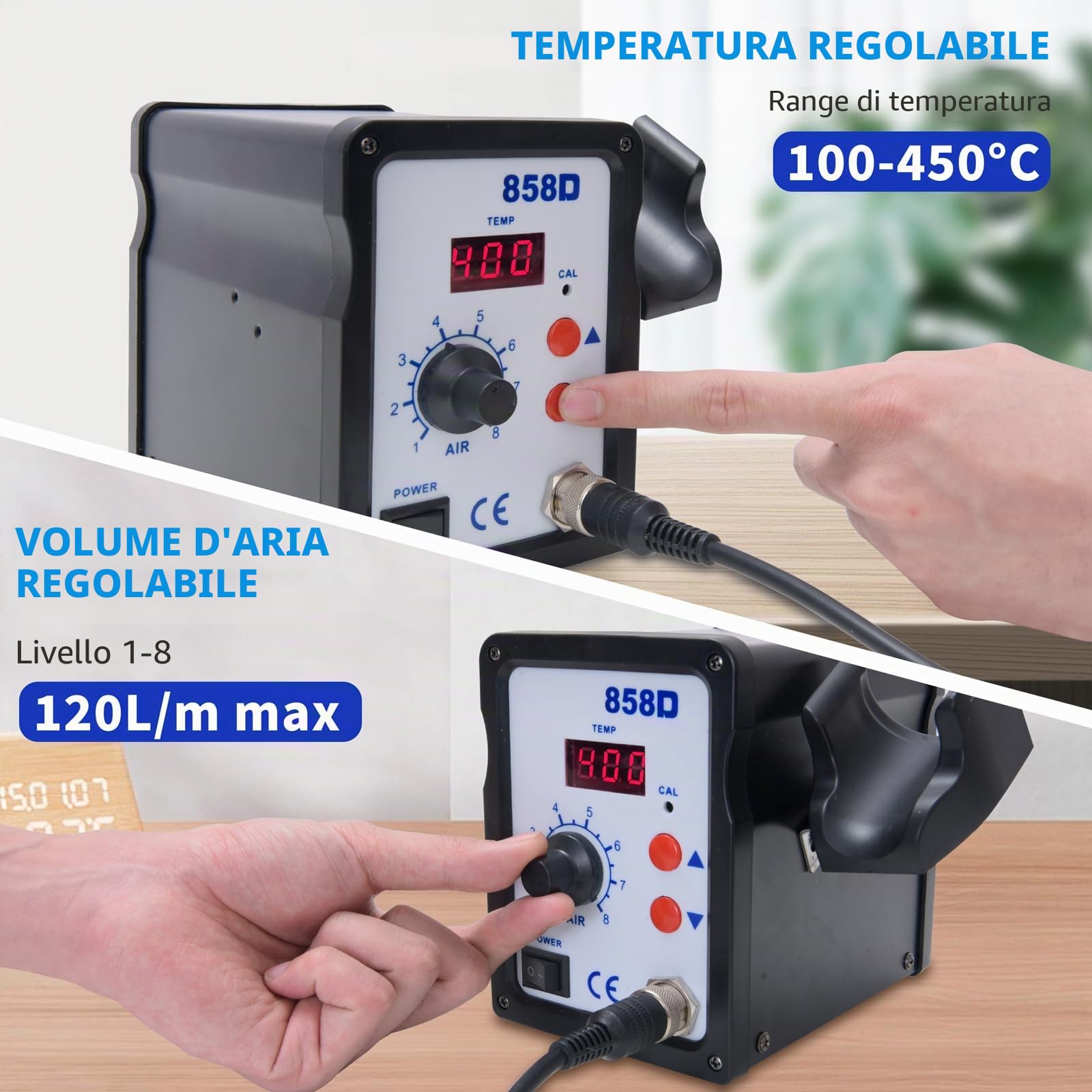 Stazione Saldante Aria Calda 858D, Stazione Dissaldante 700 W con 3 Ugelli, Display Digitale 100-450 °C, per Saldatura e Dissaldatura SMD (Spina UE)