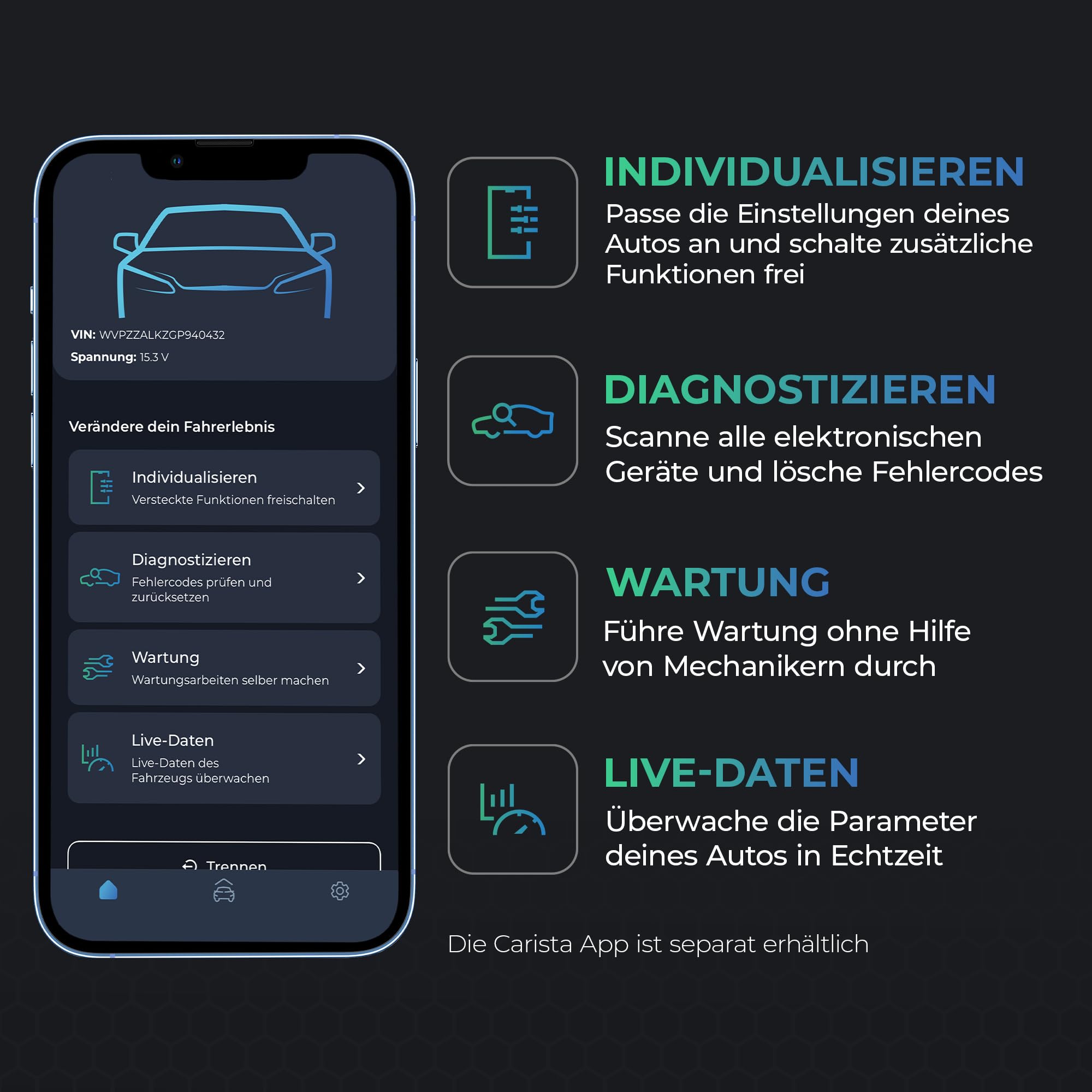 CARISTA EVO - OBD2 Diagnosegerät mit Live-Daten - OBD2 Bluetooth Adapter & Codiergerät für alle Marken (VW, Audi, BMW, Skoda, UVM) - OBDII Autoscanner (iOS & Android)