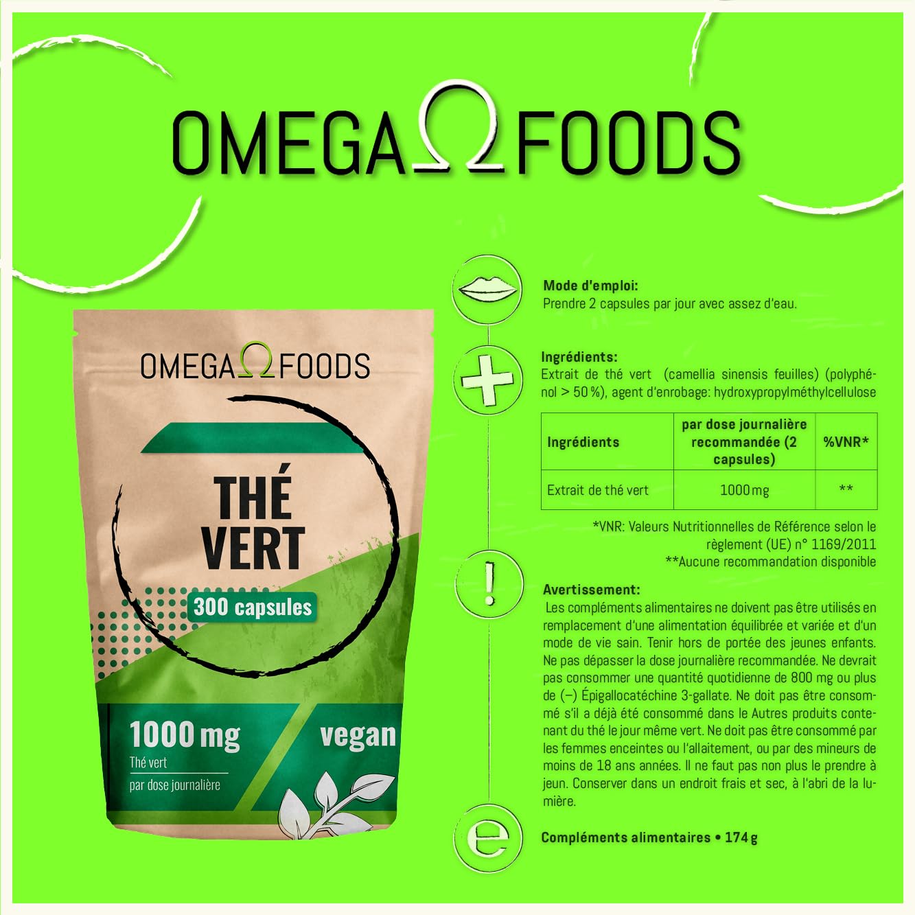 Gélules de thé vert – 300 gélules d’extrait de thé vert hautement dosé – 1 000 mg par dose quotidienne – Extrait de thévert