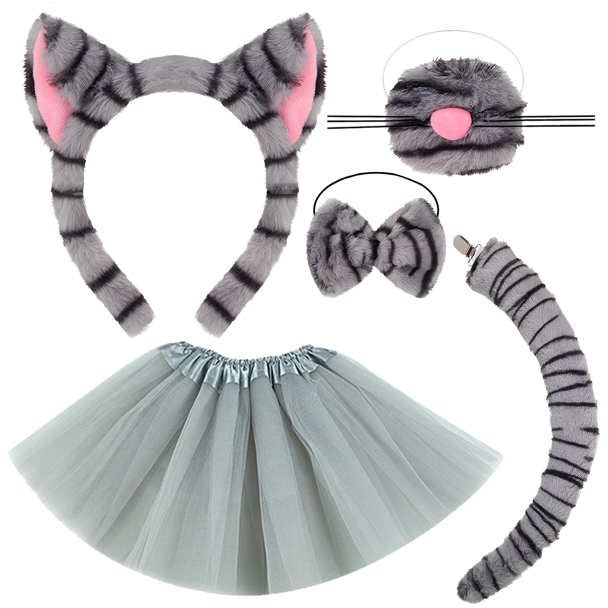 MOSNOW 5Pcs Grey Tabby Cat Costume Accessories for Women, Including Adorable Cat Ears Headband, Nose,Tail,Tutu Skirt & Bow Tie,for Dress-Up Parties,Animal-Themed Celebrations