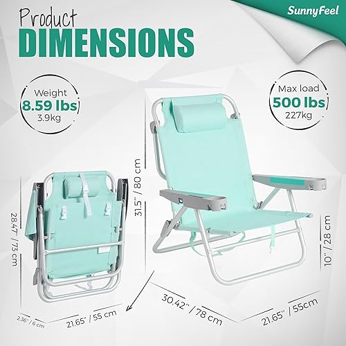 Miniatura 2 de SUNNYFEEL Silla de playa baja extra ancha, paquete de 2 unidades, 5 posiciones, sillas de camping plegables portátiles de gran tamaño XL con soporte