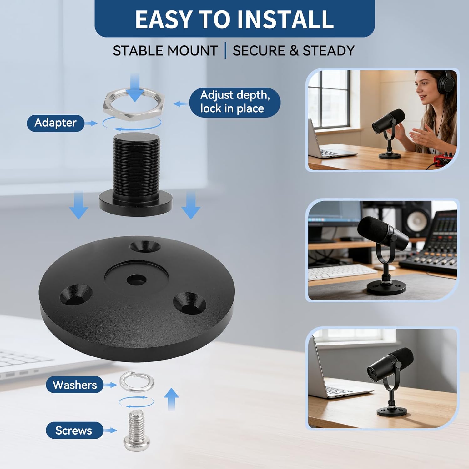 Desktop Microphone Stand for Shure MV7i/MV7x,Secure & Space-Saving Desk Stand for Shure MV7 and MV7+ Podcast Mic​,Detachable microphone base with locking nut
