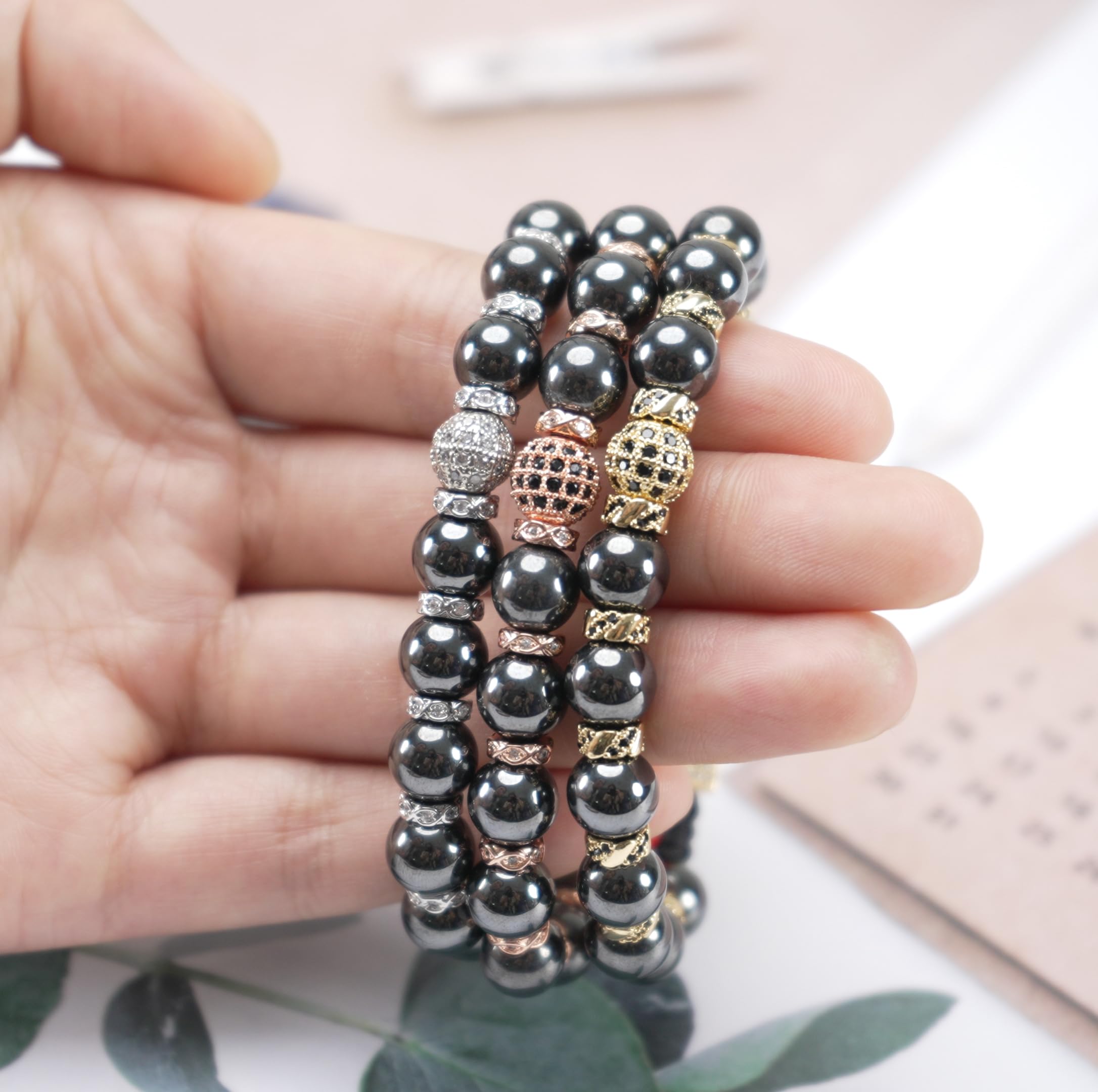 Bracciale magnetico in ematite d'oro, bracciale regolabile, elimina l'elettricità statica (Platino Zirconia，8MM)