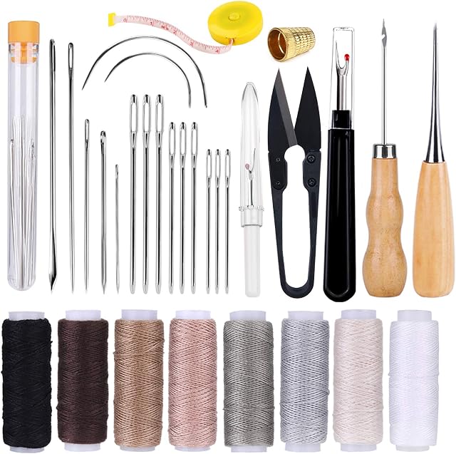 32 Pcs Leather Sewing Kit, Upholstery Repair Kit with 8 Colors Sewing Thread, Leather Sewing Needles, Awl, Scissors, and Seam Ripper, Leather Stitching Kit for Leather Sewing Repair Bookbinding