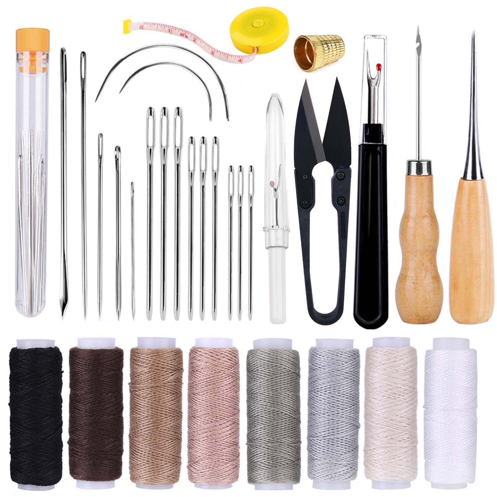 Kit Da Cucito In Pelle Da 32 Pezzi - Aghi, Fili Colorati, Punteruolo, Forbici E Tagliacuci - Set Riparazione Tappezzeria E Fai Da Te