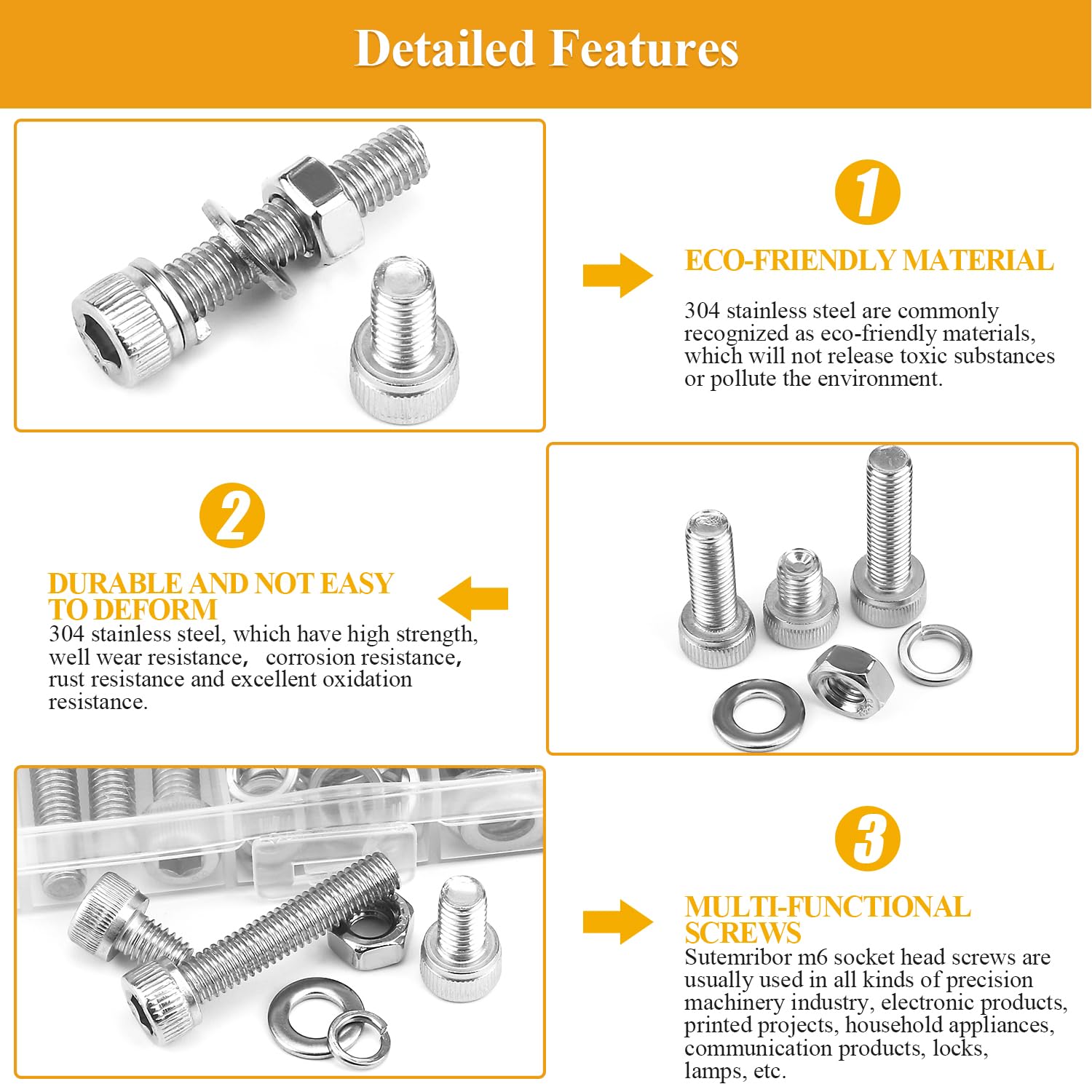 155 Pieces M6 Screws Nuts Washers Set, Sutemribor M6 x 8/10/12/16/20/25/30mm Hex Socket Head Cap Screws Nuts Washers Assortment Kit, 304 Stainless Steel, Fully Threaded