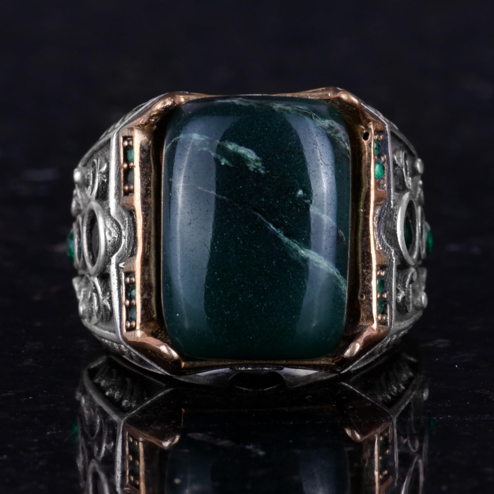 KAMBO Bague en argent sterling 925 pour homme, bague en pierres précieuses naturelles authentiques, fabriquée à la main, moyenne, pierre précieuse argentée et bronze, jade, Medium, Pierre précieuse