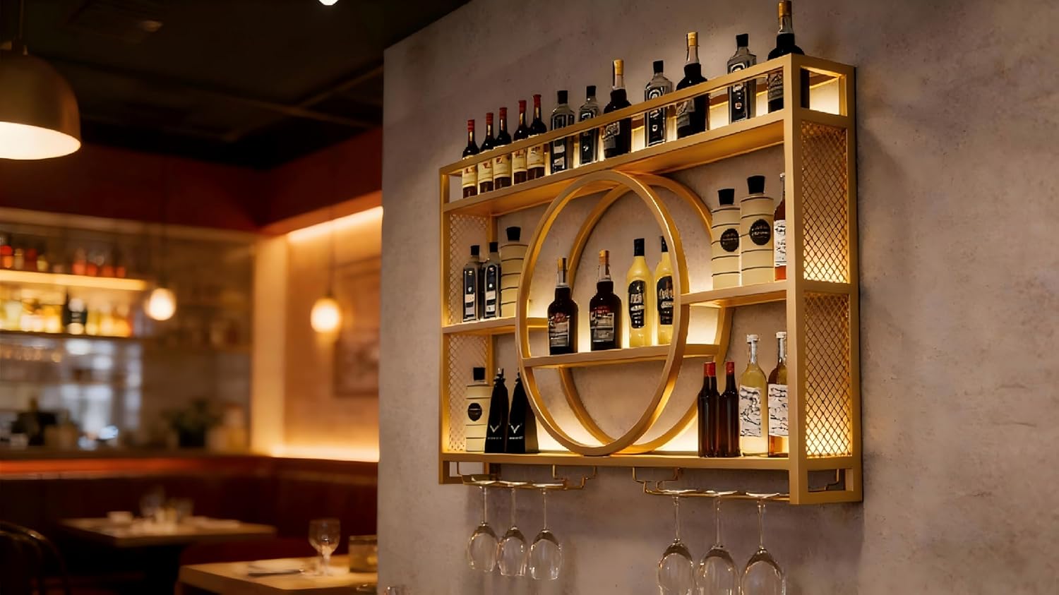 Wall Mounted Wine Rack with LED Light, 39.4" Bar Shelves and Glass Holder, Industrial Metal Bar Shelf Wall Mounted Wine Rack for Kitchen, Bar, Dining Room (Gold, 100cm/39.4in)