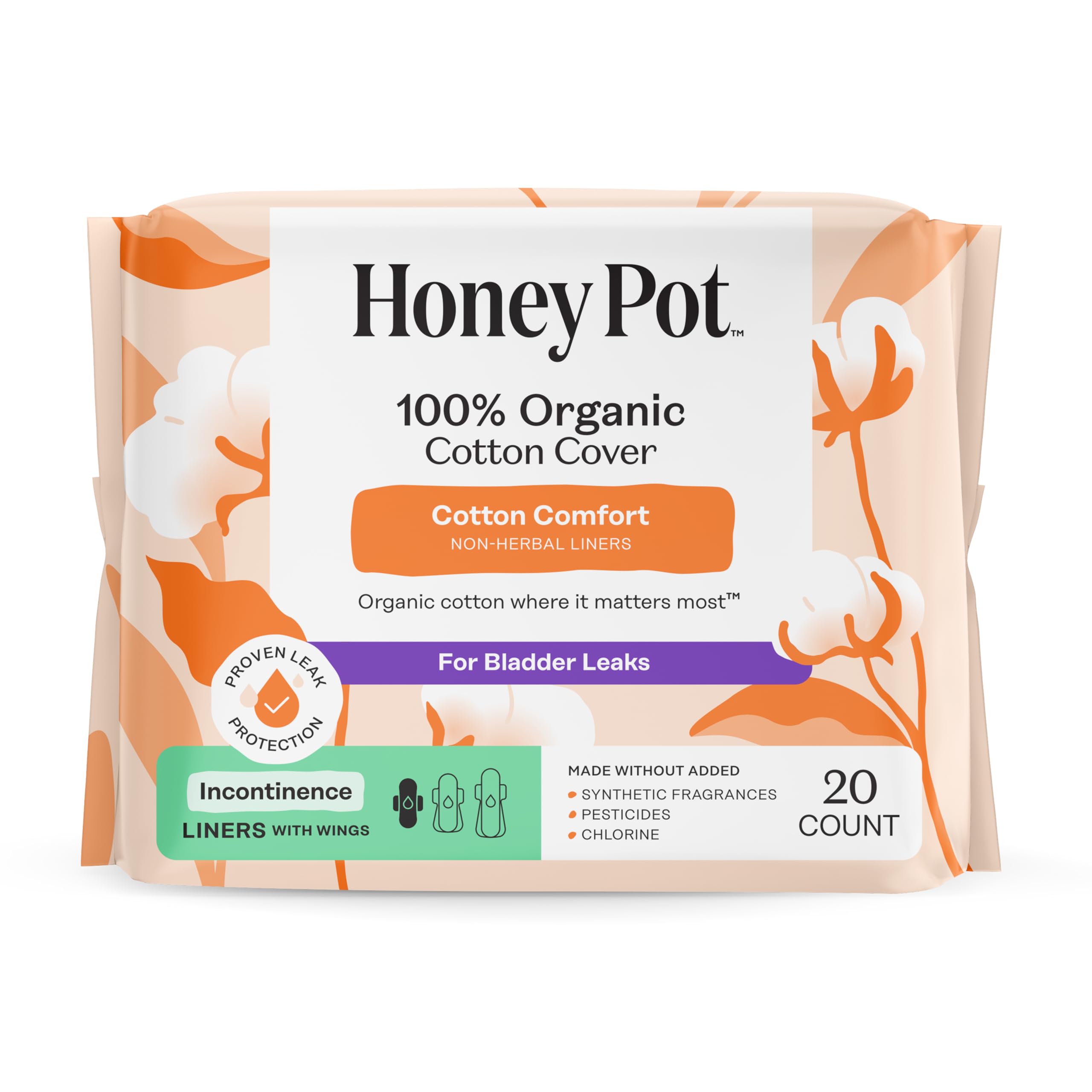 The Honey Pot Company, Bawełniane wkładki nieziołowe ze skrzydłami, organiczne wkładki do nietrzymania moczu, 20 sztuk
