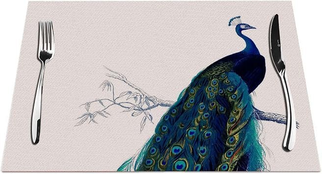 Peacock Placemats Set of 4, Vintage Blue Elegant Colorful Peacock Placemats Heat Resistant for Dining Table Non-Slip 18x12 Inches