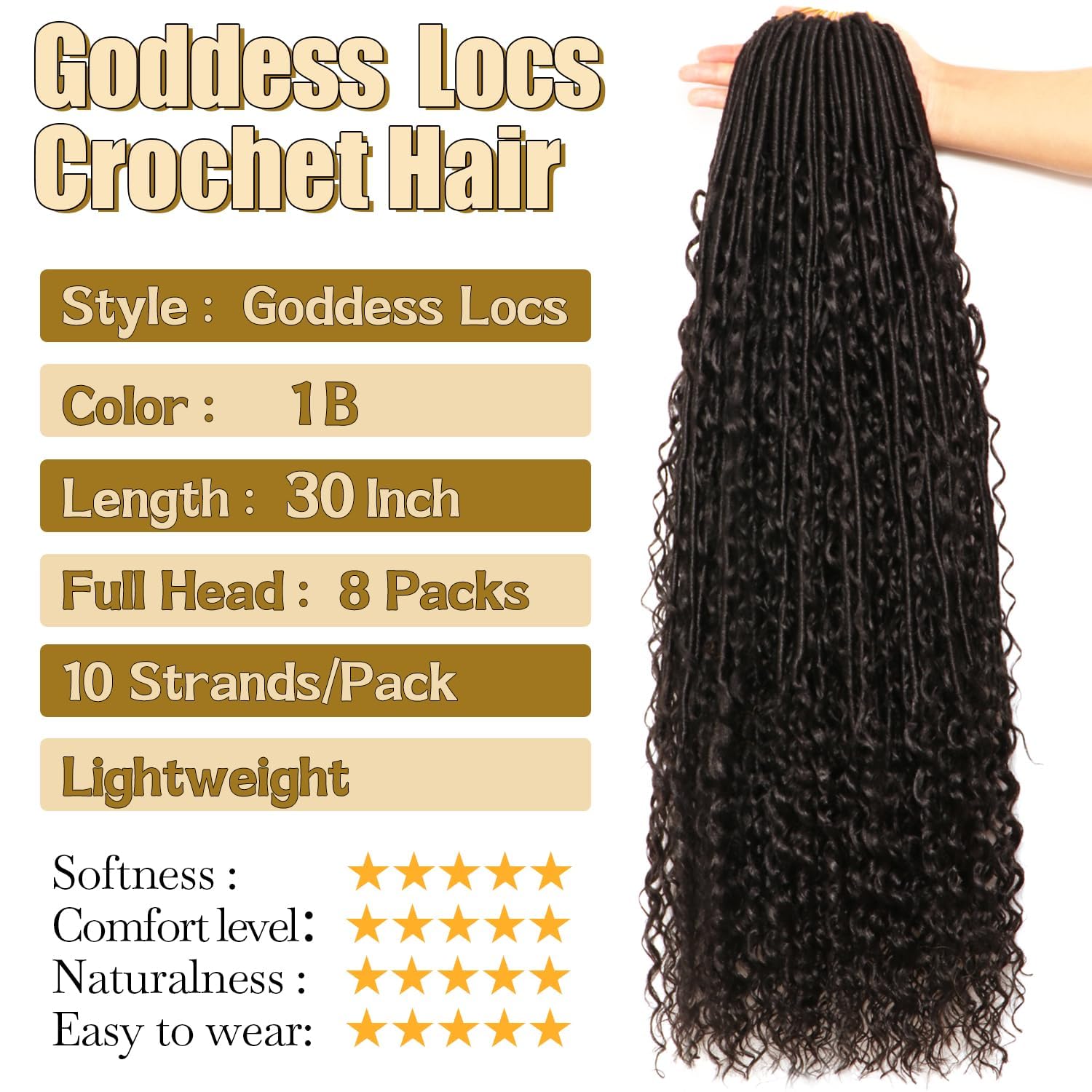 8 Packs Goddess Faux Locs Crochet Hair-30 Inch Boho Soft Locs Crochet Hair for Black Women (#1B, 30 Inch(Pack of 8)) (#1B, 30 Inch(Pack of 8))