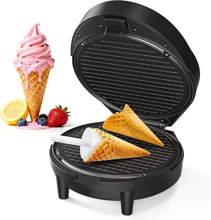Waffle Cone Maker and Ice Cream Cone Maker with Cone Roller, 1000W Double Side Even Heating Thin Waffle Maker, Makes Crispy Waffle Cones, 7.5" Nonstick Plate Waffle Cone Maker Machine, Easy to Clean