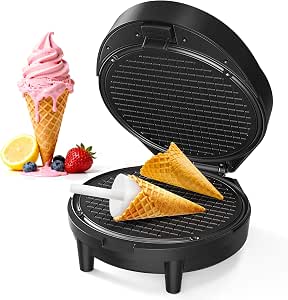 Waffle Cone Maker and Ice Cream Cone Maker with Cone Roller, 1000W Double Side Even Heating Thin Waffle Maker, Makes Crispy Waffle Cones, 7.5" Nonstick Plate Egg Roll Maker, Easy to Clean, Black