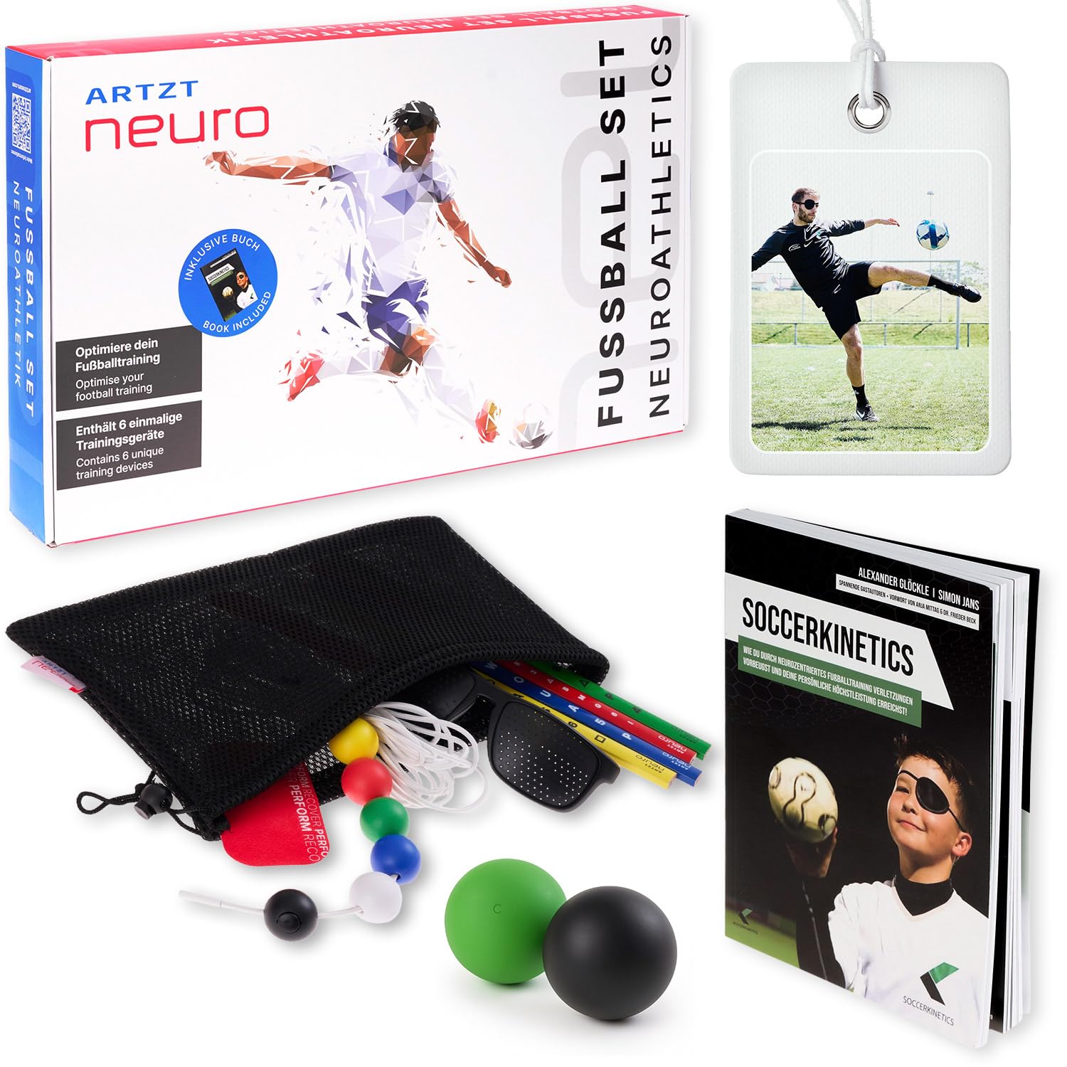 Fußball Set für neurozentriertes Fußballtraining | Fußball Trainingsset | Fussball Trainingszubehör | Reaktionstraining & Koordinationstraining | 18 Tools inkl. Soccerkinetics Übungsbuch