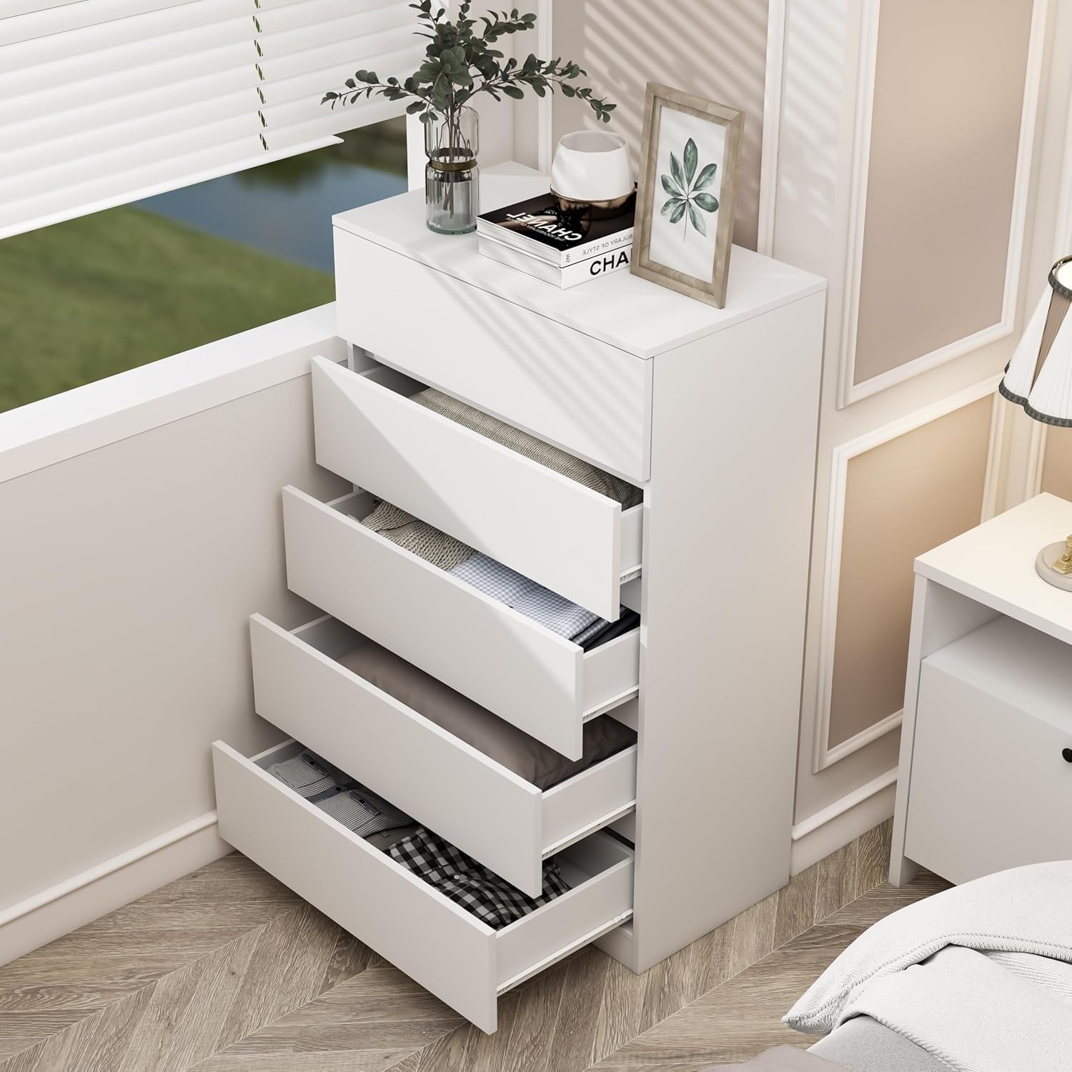 furtble 5 Drawer Dresser, White Tall Dressers for Bedroom Wooden Closet Drawer, Modern 43.6" Tall Dressers Chests of Drawers Clothing Organizer Cabinet for Hallway, 27.6" W