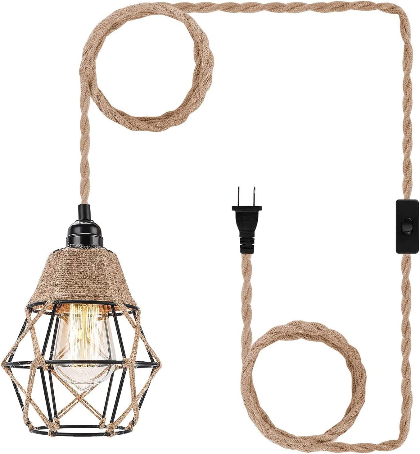 Industrial Plug in Pendant Light 14Ft Hanging Lamps with Plug in Cord Hemp Rope Hanging Lamp Farmhouse Lighting Fixtures with On/Off Switch for Kitchen Island Bedroom Living Room