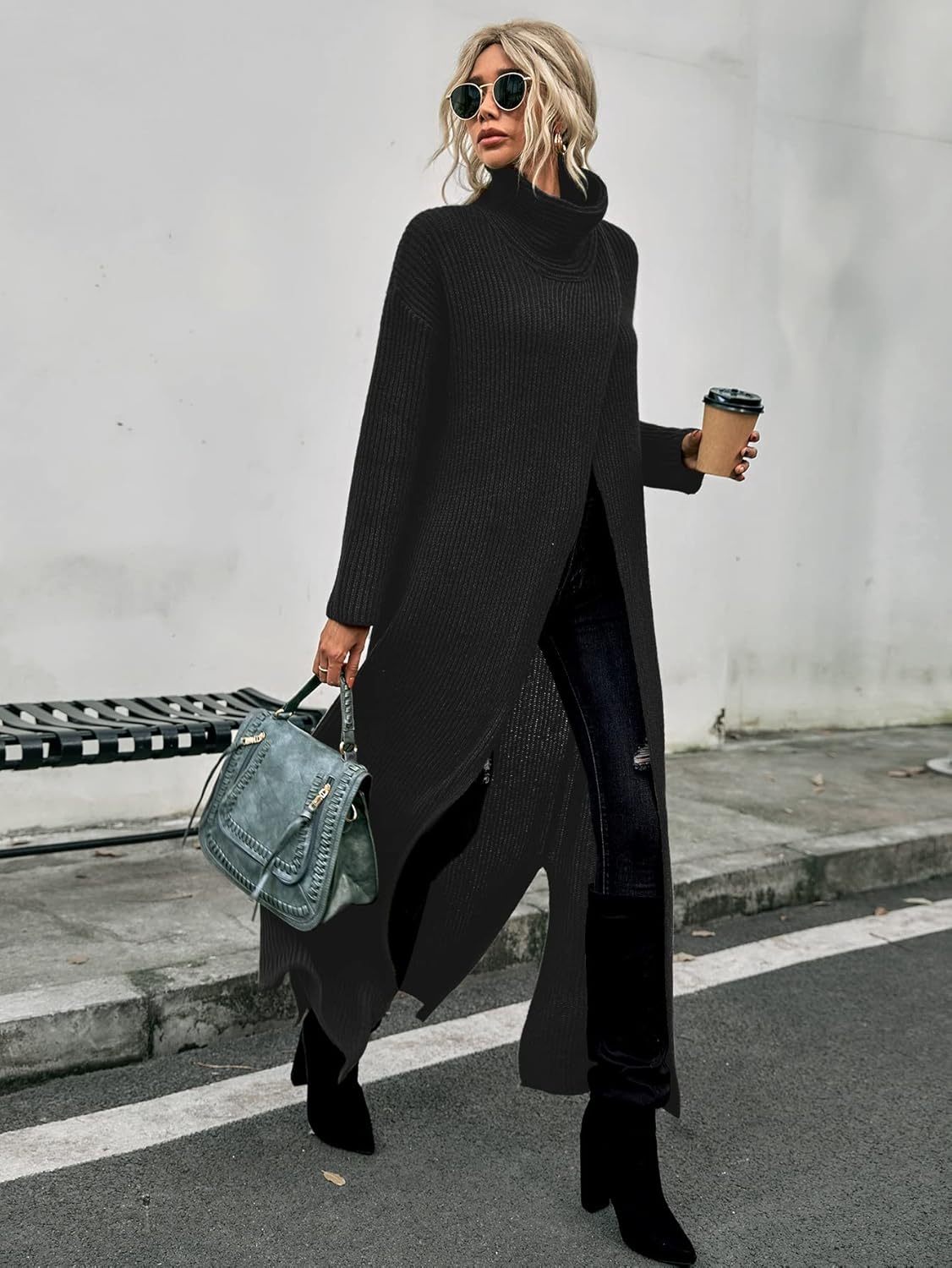 Women's Sweater High Neck Drop Shoulder Split Hem Wrap Longline Sweater Without Belt Sweater for Women (Color : Black, Size : Medium)