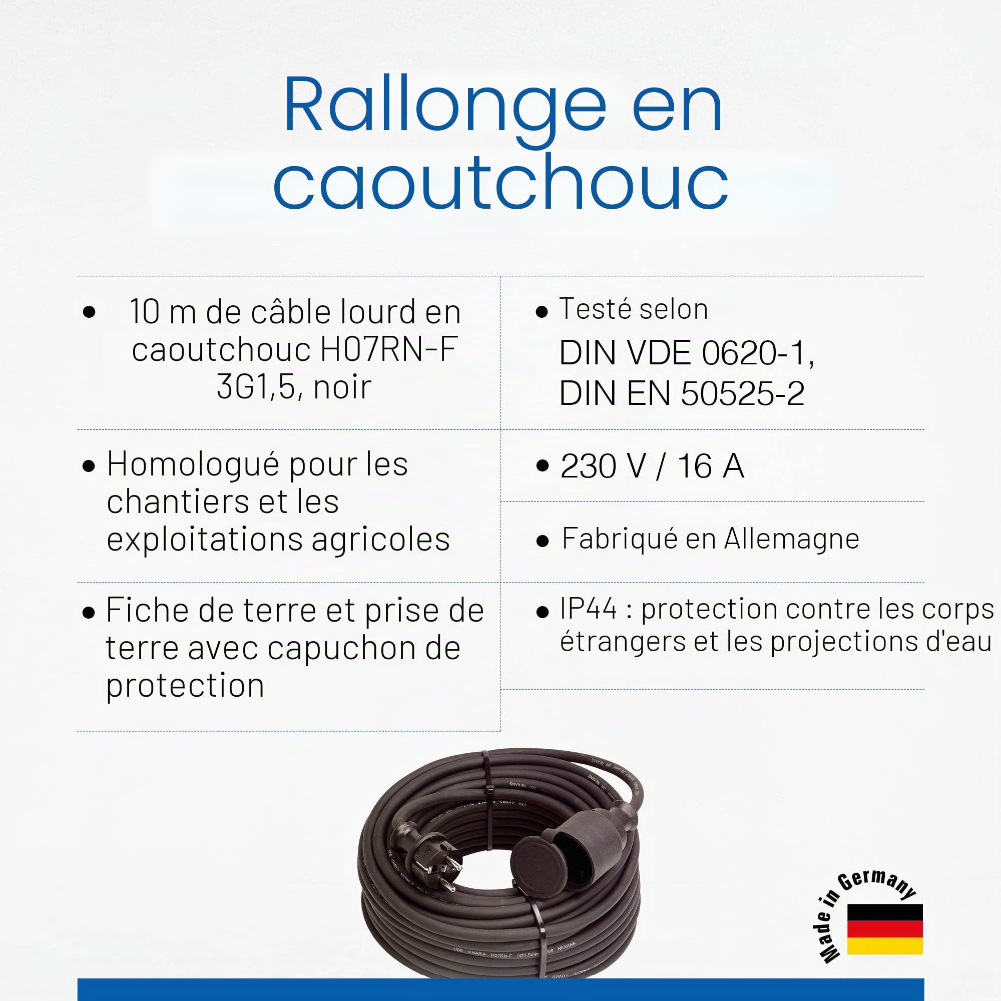 Schwabe 60371 Rallonge en caoutchouc H07RNF 3G1,5 230 V / 16 A pour extérieur IP44 Noir 10 m