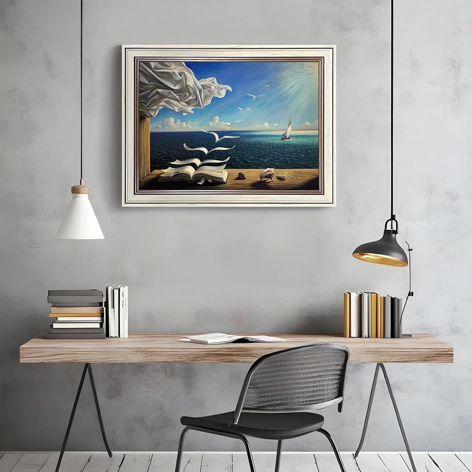 Licpach Large Framed Wall Art Surreal Seaside Dream Poster Canvas Print Modern Aesthetics Painting Coastal Ocean Picture Whimsical Wall Decor for Living Room Bedroom Office Home 24x36inch White Frame