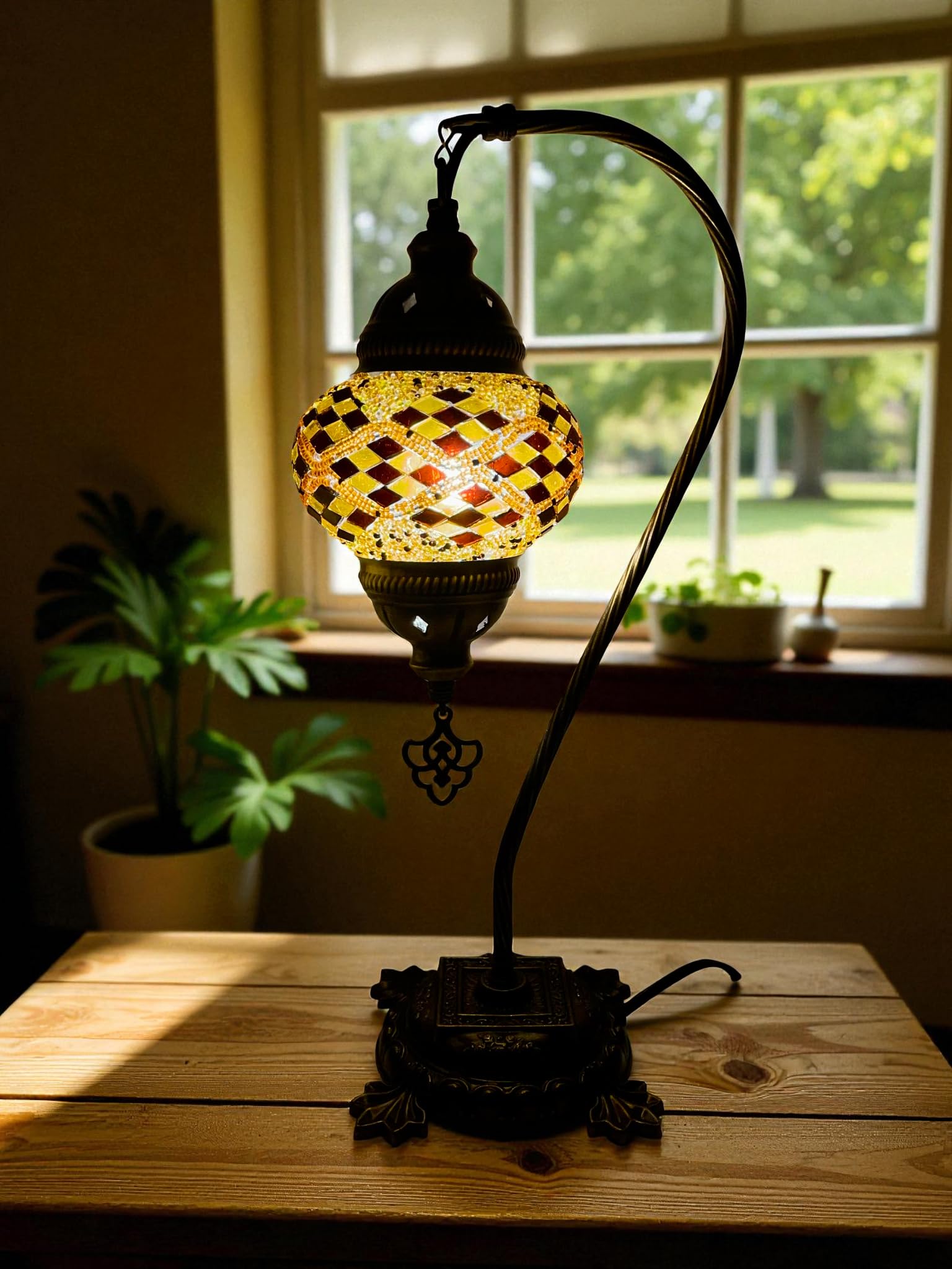 Lightza Handmade Turkish Moroccan Mosaic Desk Lamp LED Bulb | Swan Neck Unique Globe Lampshade Table Light | UK Tested Safe Energy Efficient (Golden & Purple) โ image 1