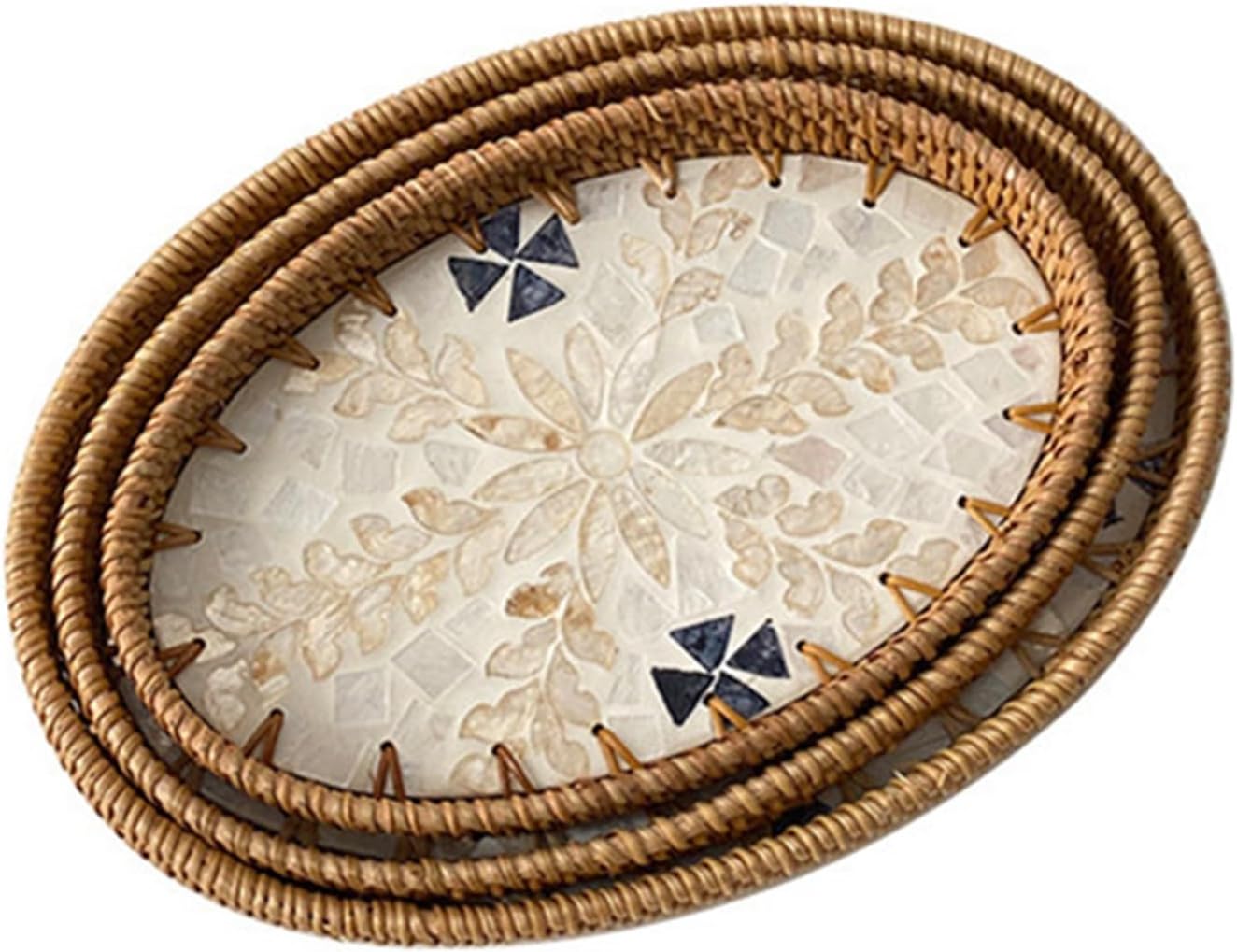 藤編みトレー かご バスケット 手作りの籐収納オーバル家庭用ダイニングルームピクニックトレイ 手編み(Nature 2)