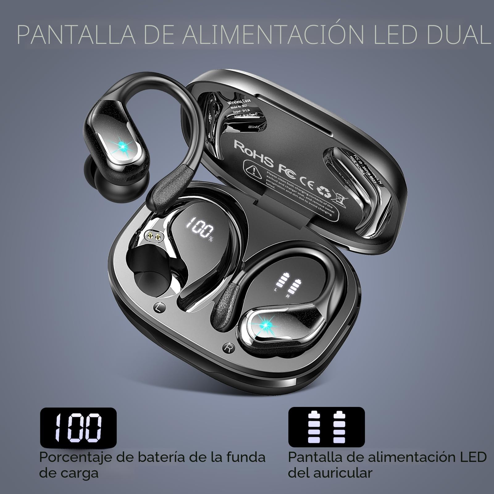 Auriculare Inalámbricos Deportivos, Nueva Auriculares Bluetooth 5.4 con HD Mic, 75H Cascos Inalambricos Bluetooth HiFi Estéreo, Cancelacion Ruido ENC Auriculares Running, IP7 Impermeable/Pantalla LED