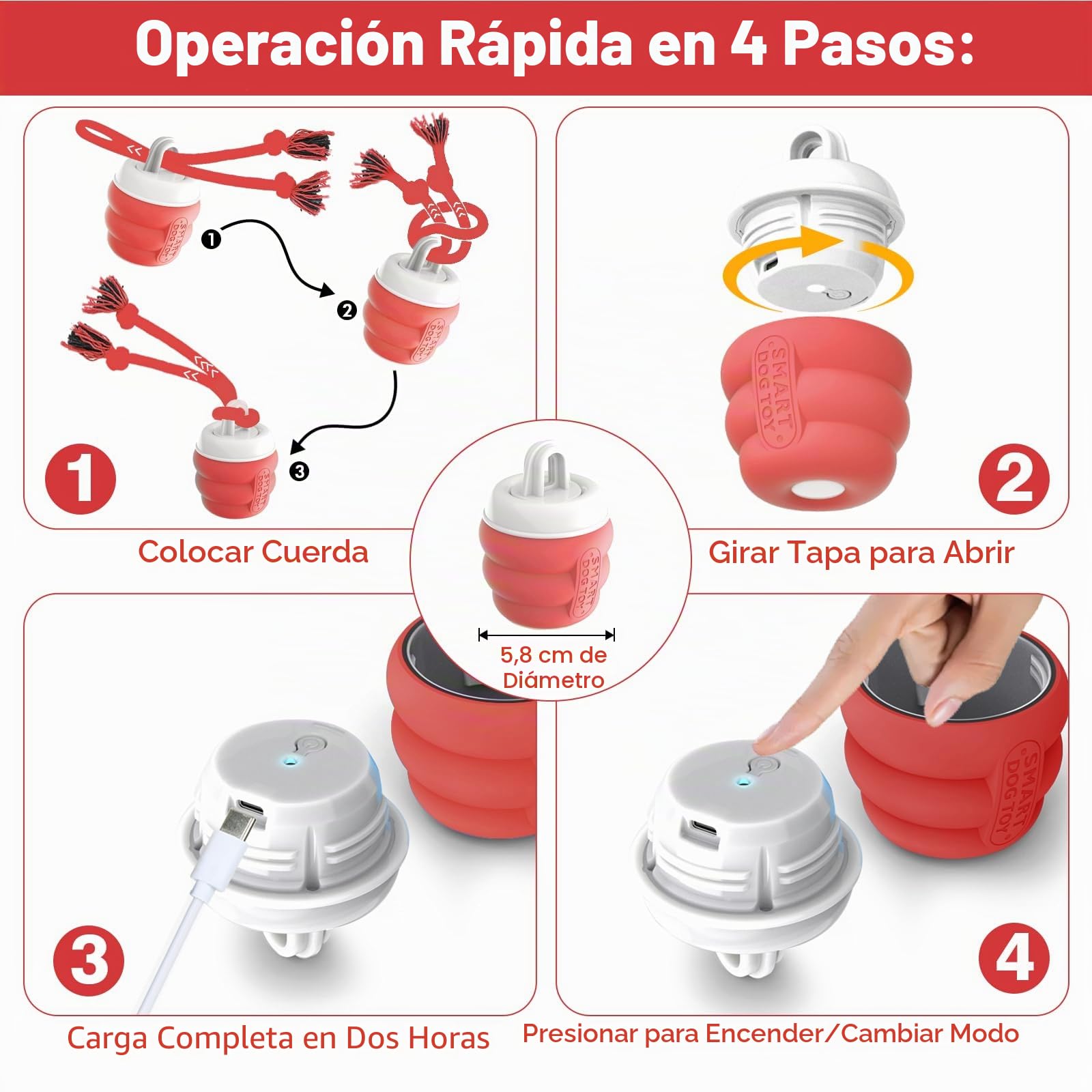 Pelota Interactiva Perro – Juguetes Interactivos para Perros, Pelota para Perros con Cuerda, Pelota Perro se Mueve Sola para Cachorros/Perros Pequeños/Medianos, Recargable por USB