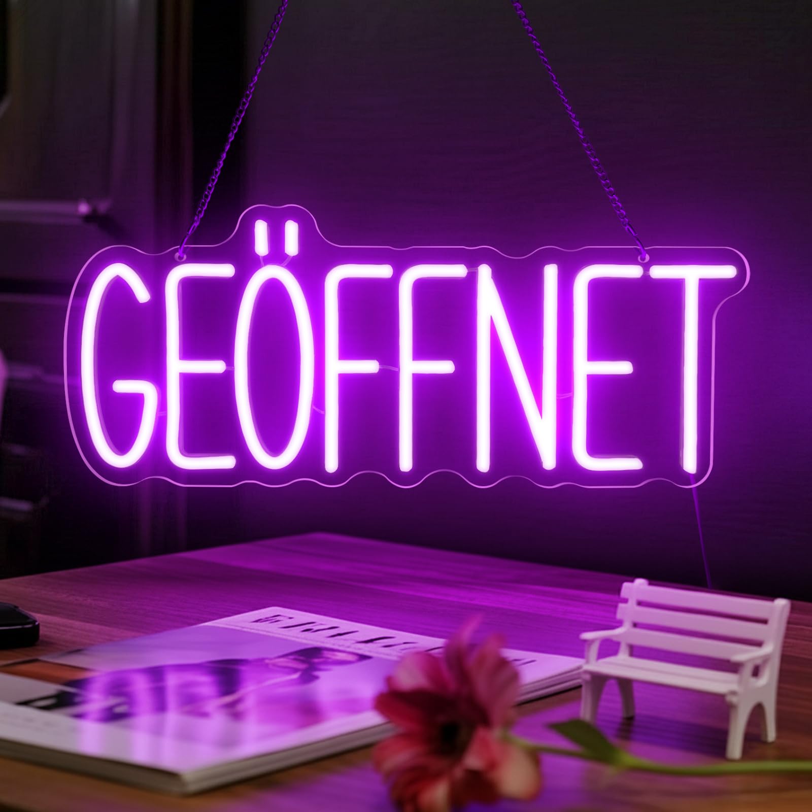 Flixyticy Lila Geöffnet Neonschild für Tür, Purple Open Leuchtreklame Türschild, LED Neonlicht Hängeschild USB-Betrieb mit dimmbarem Schalter für Geschäfte,Cocktailbar,Boutique (Geöffnet(Lila))
