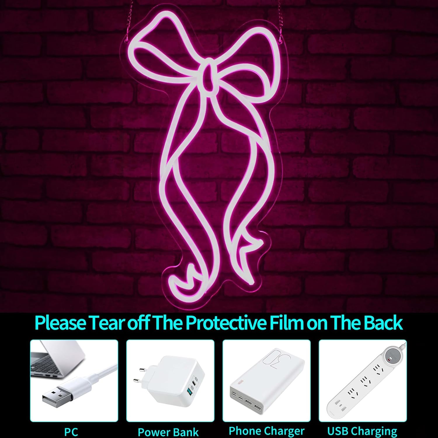 Bow Neon Sign, JGHTURIE Pink Neon Signs for Wall Decor USB Powered Ribbon Light Up Sign Preppy Girls Kids Room Bar Led Signs Party Gift Decoration