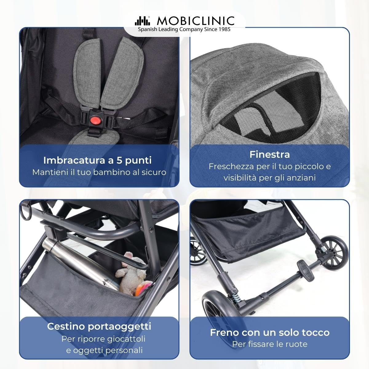 Mobiclinic®, Passeggino Leggero, Ultra Compatto, Imbracatura a 5 Punti, Manubrio Monomaniglia, Carrello Pieghevole, Cestino, 0-36 Mesi, Regolabile, Cappottina Pieghevole, Freni con Blocco, Trip