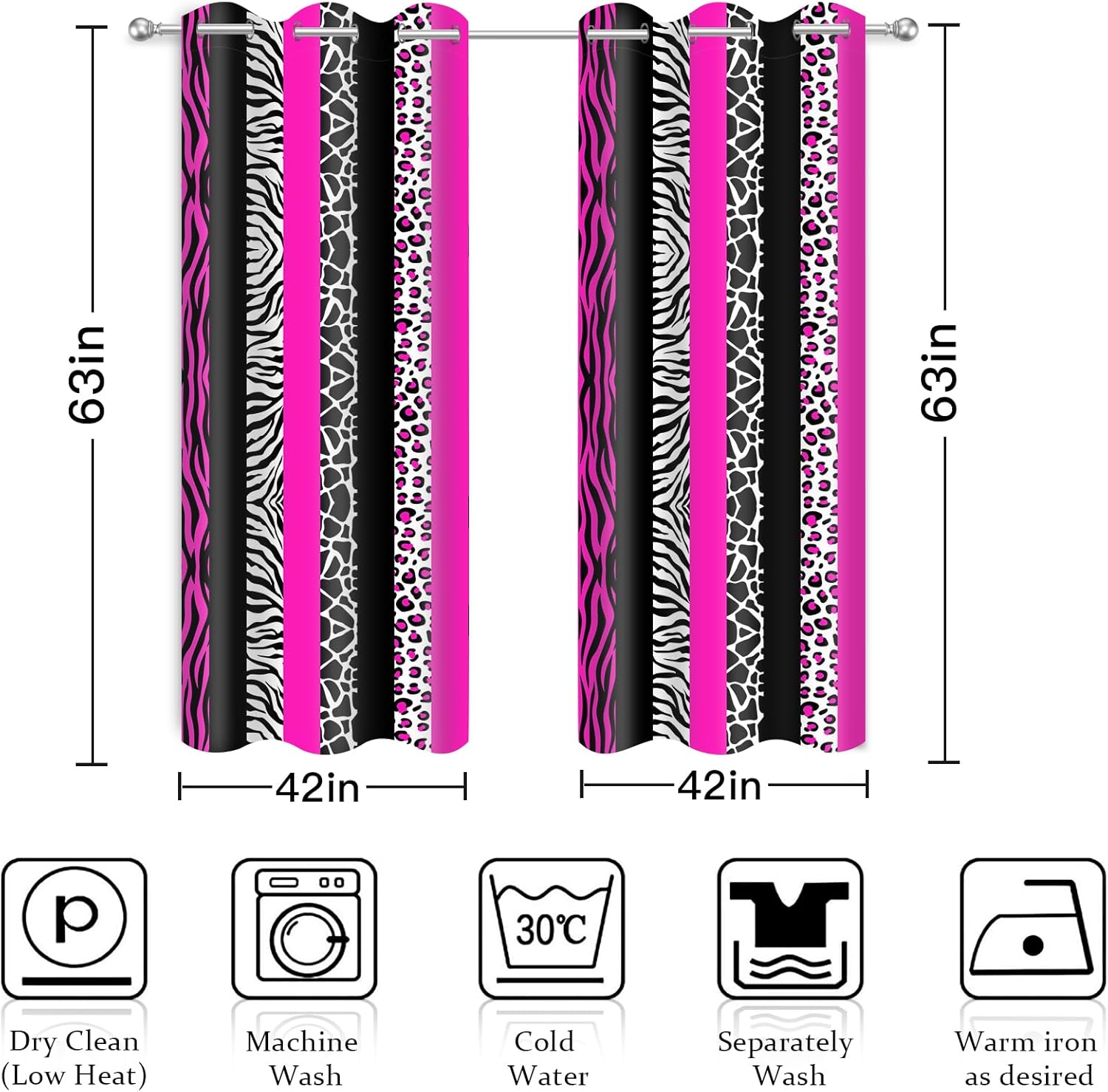 Animal Print Curtains Hot Pink Cheetah Zebra Giraffe Leopard Print Striped Blackout Curtain for Bedroom Living Room Grommet Window Drapes 2 Panels, 42x63 Inch