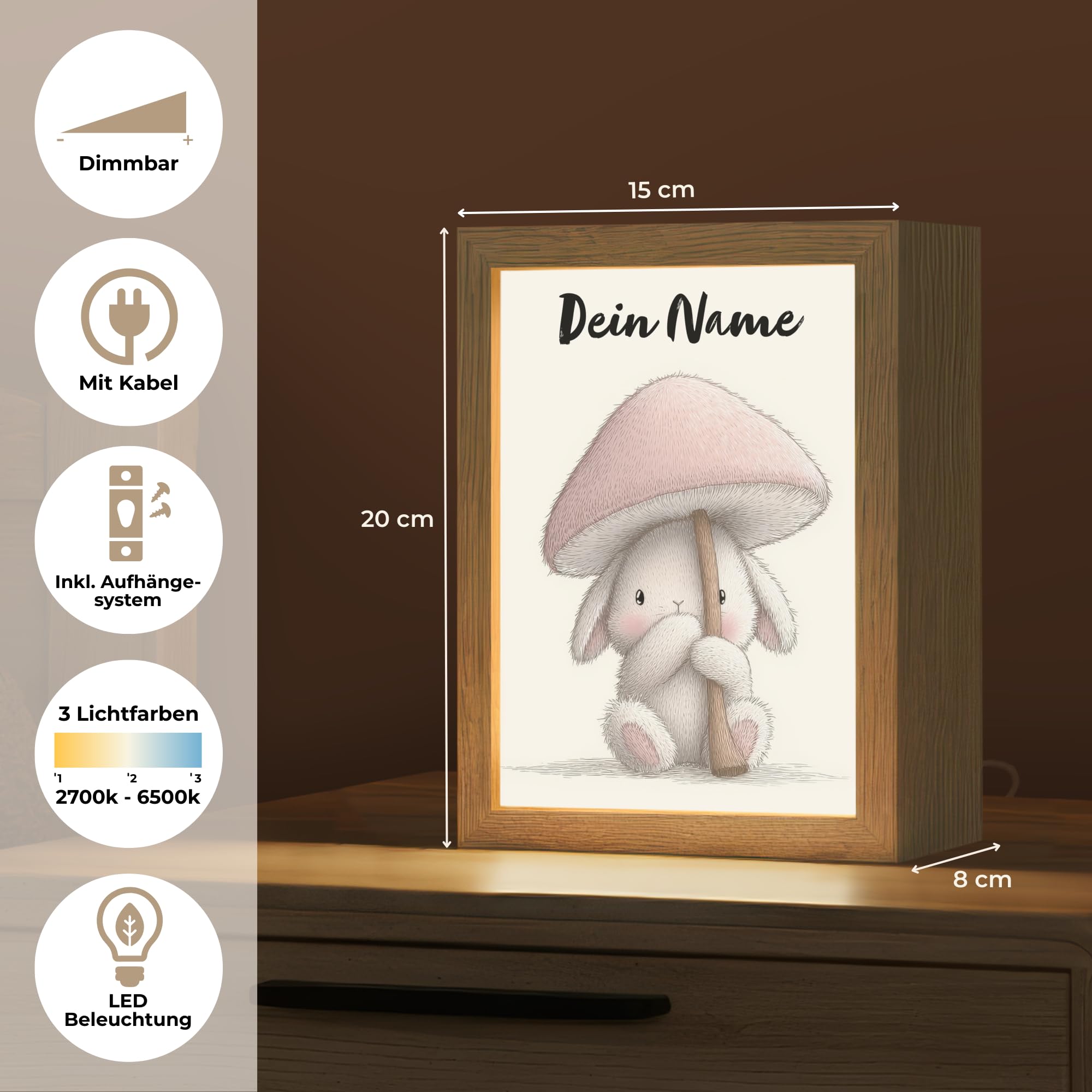 Nachtlicht Kinder Mit Name 15x20 cm Baby Lampe Kinderzimmer Kindernachtlicht Personalisiert Stilllicht Kinderlampe Pilz - Kaninchen - Rosa