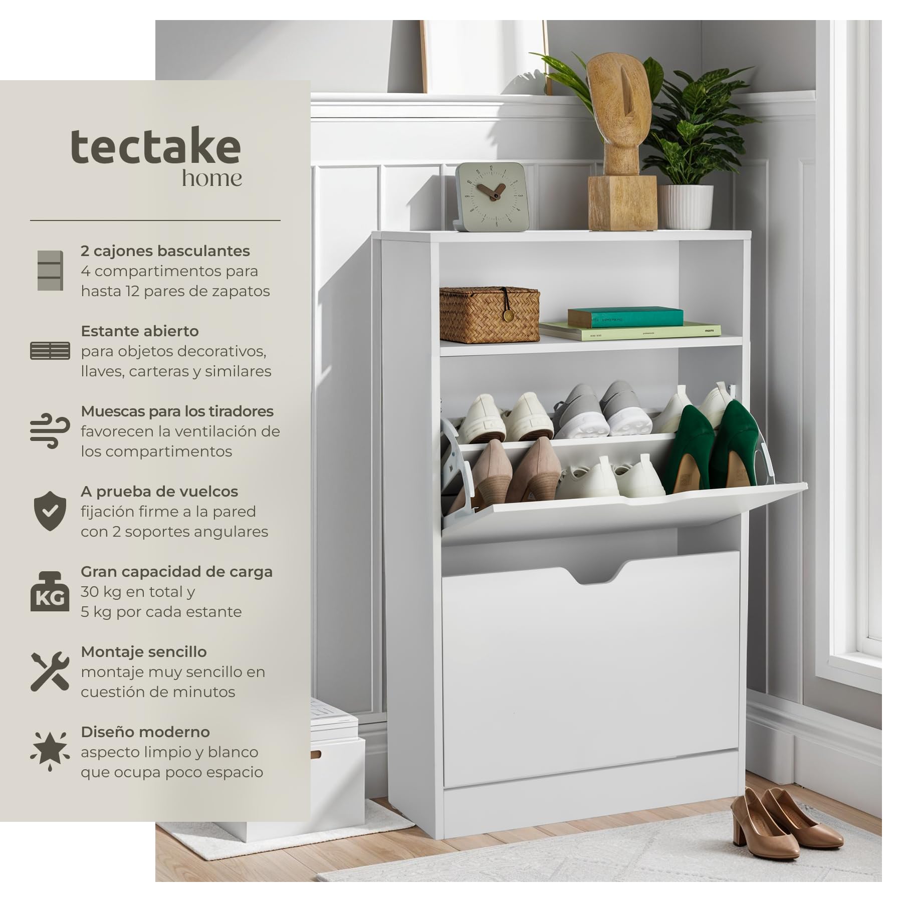tectake® Moderno Zapatero con 2 Cajones Abatibles y 4 Niveles, Capacidad 12 Pares de Zapatos, 60x24x102 cm Estanteria Abierta, Antivuelco, Montaje Sencillo, Organizador, Estrecho - Blanco