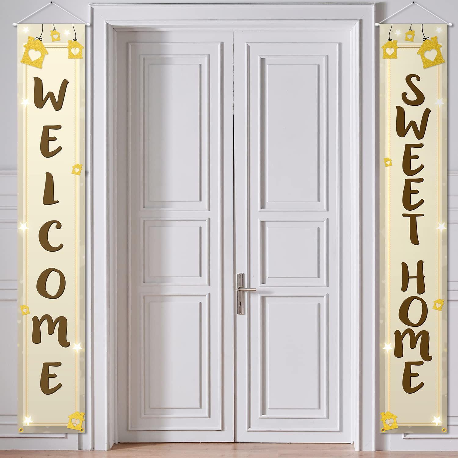 Cartel Dorado De Bienvenida A Casa, Totalmente Montado Y Listo Para Colgar, Decoración De Bienvenida Con Purpurina Para Inauguración De La Casa, Regreso A Casa Militar Y Celebraciones Familiares, Hilo