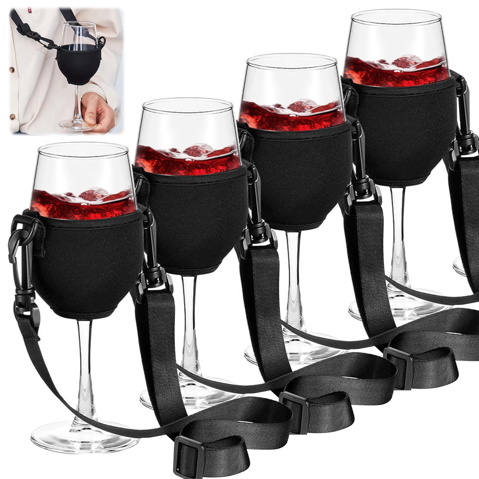 4 Porta Bicchieri Da Vino Con Cordino In Neoprene – Nero, Regolabili, Con Coperchi In Silicone, Ideali Per Picnic E Viaggi