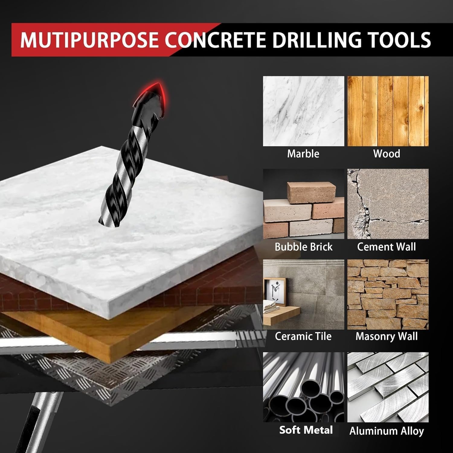 Set di 8 pezzi Punte per Trapano Multifunzionali 3-12mm per Legno, Metallo, Calcestruzzo