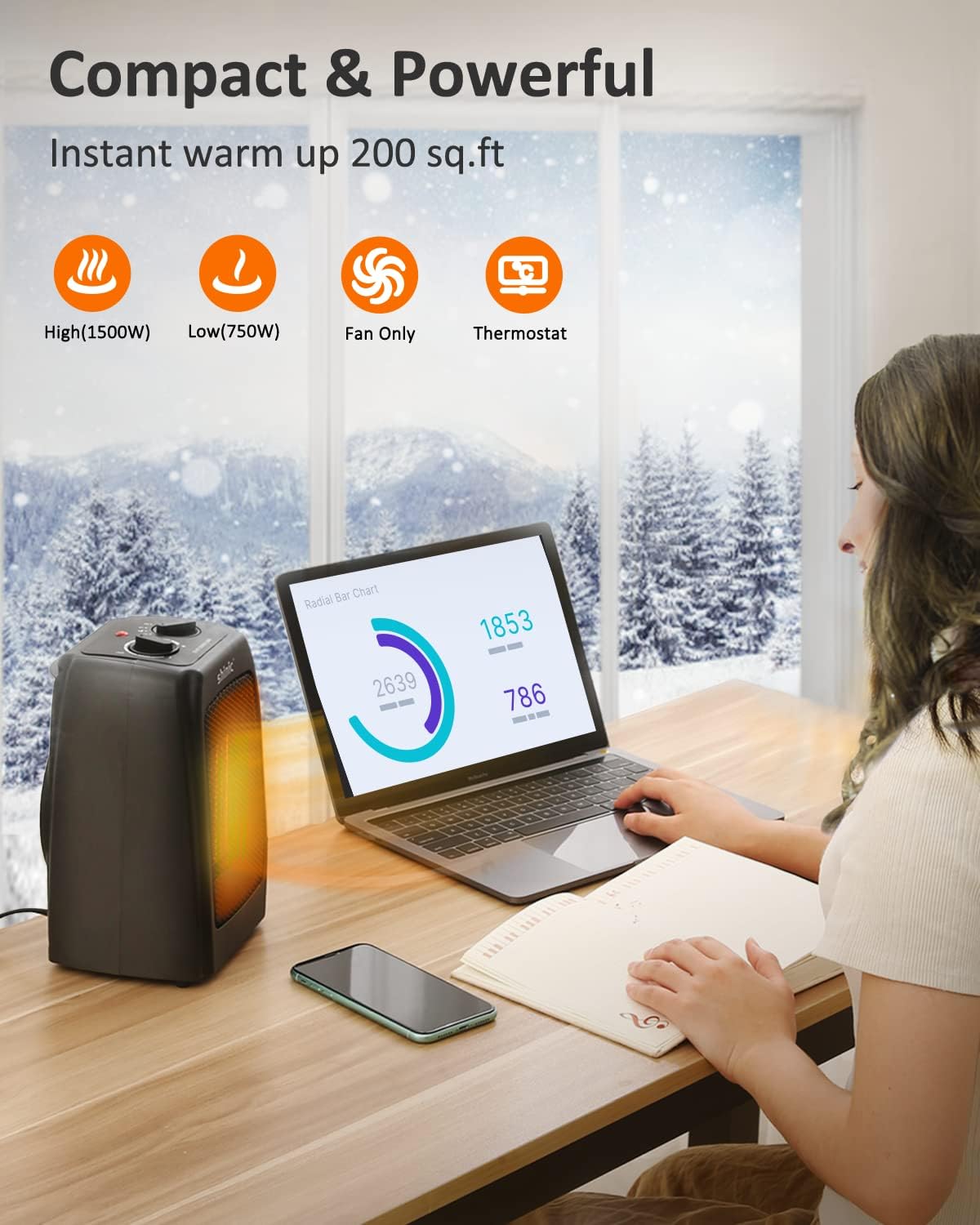Space Heater for Indoor Use, 1500W Ceramic Space Heater, 1s Fast Heat, Tip-Over and Overheat Protection, Electric Space Heater, Portable, Quiet Office and Small Room Desk Heater, Green