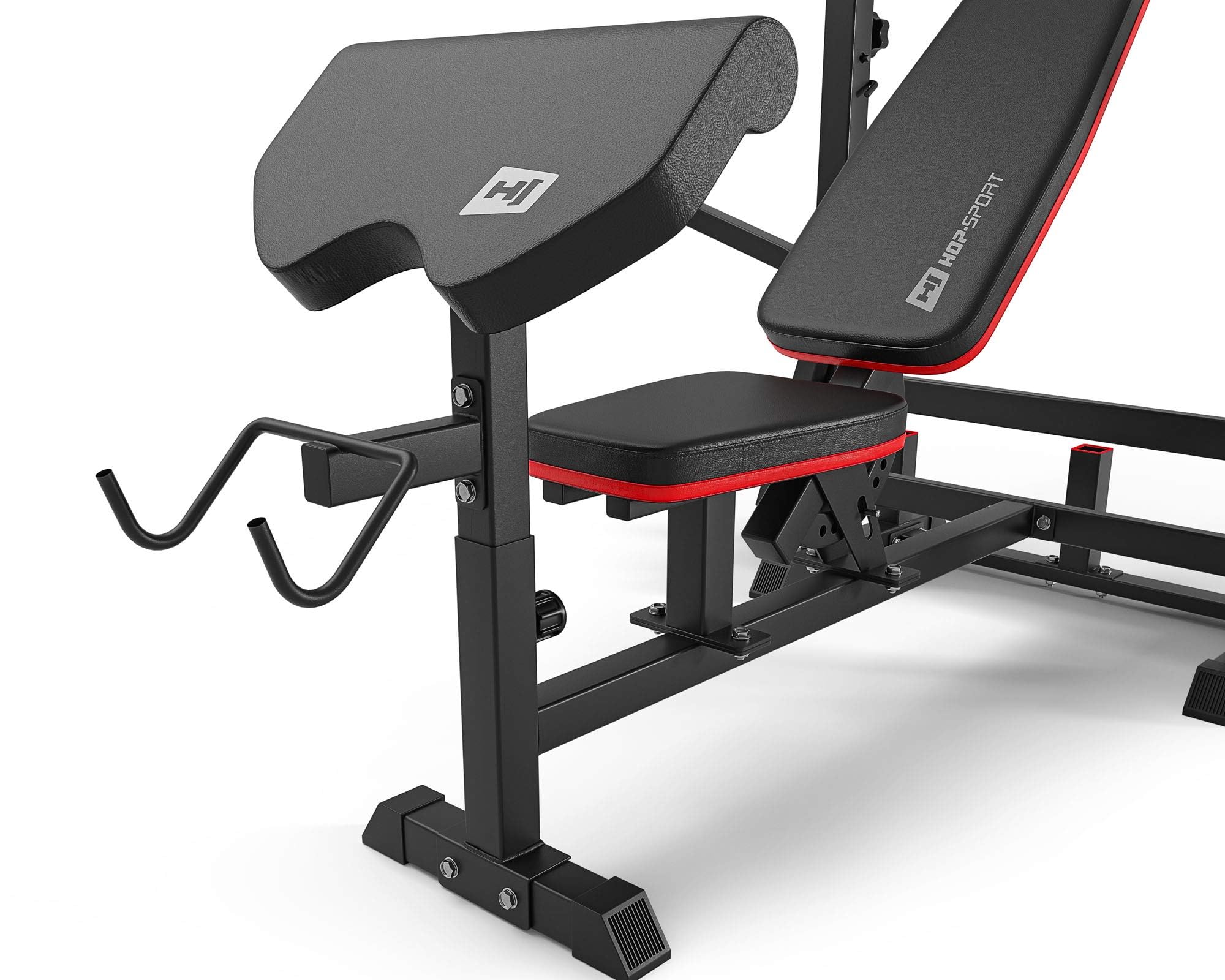 Hop-Sport Hantelbank, Multifunktionale Trainingsbank mit Butterfly, Beincurler & Curlpult, Verstellbare Langhantelständer, Heimfitness Kraftstation, 270 kg Belastbarkeit