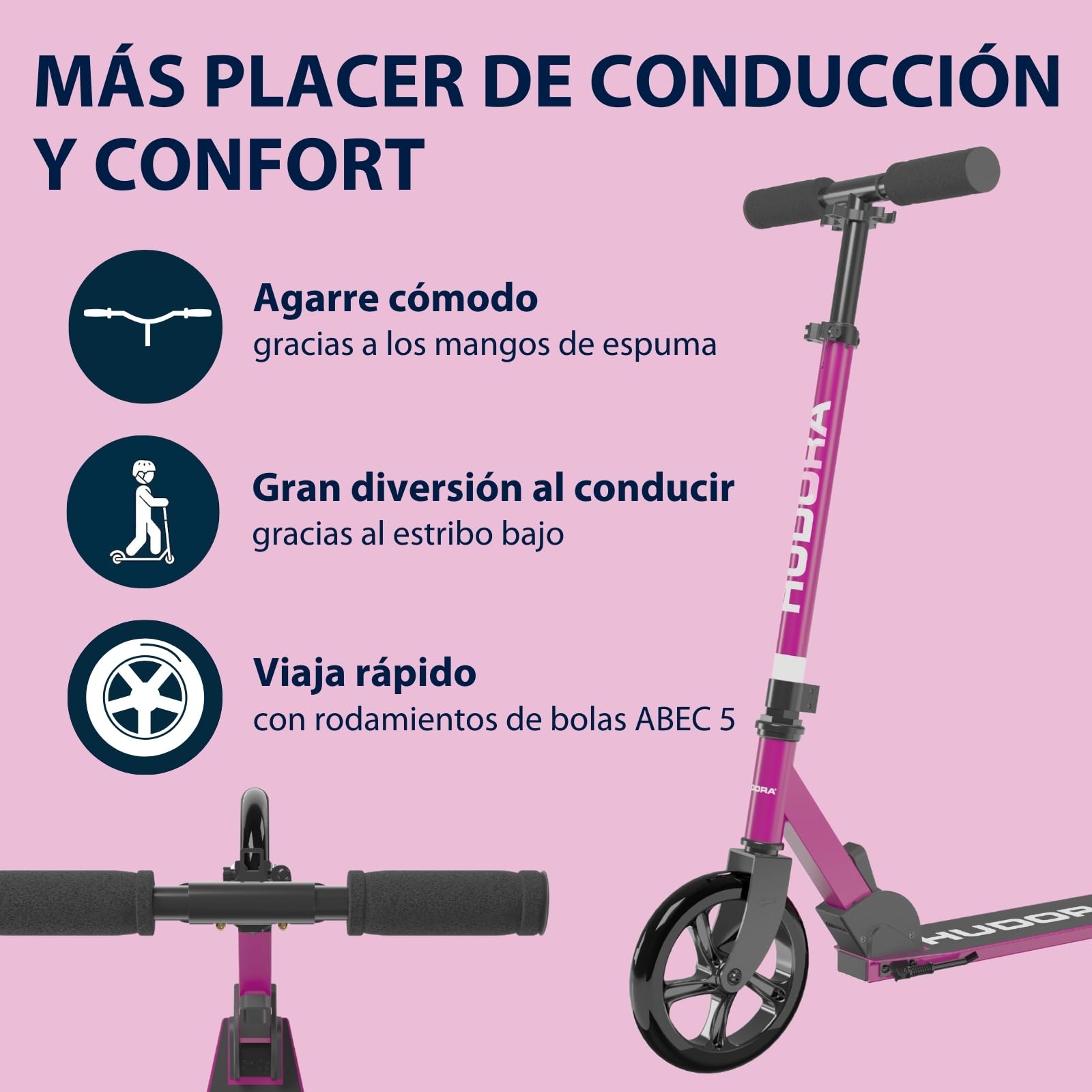 HUDORA Scooter Start 200 | Scooter de Aluminio Resistente | Patinete Urbano Ajustable y Plegable | Patinete para niños y Adultos de hasta 100 kg | Patinete sólido con Soporte | Morado