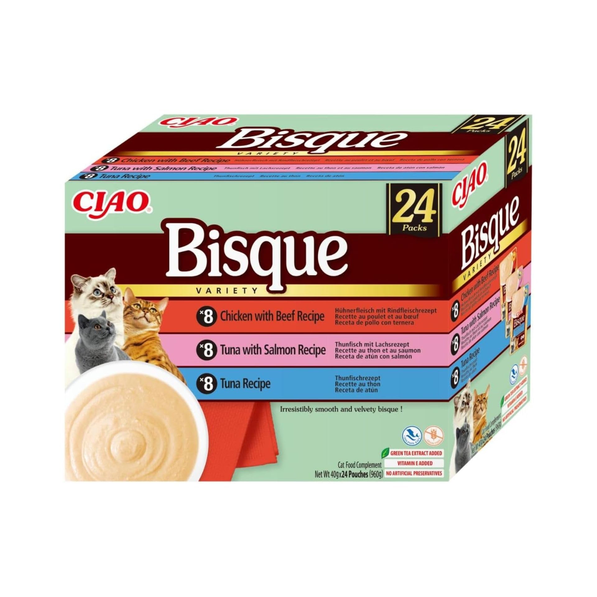 Ciao Bisque by INABA Wet Cat Food - Chicken & Tuna Variety Pack (960g total) / Delicious & Healthy Snack, Puree Food Topper, Side Dish, Complement, Natural, Grain Free, Wet Cat Food