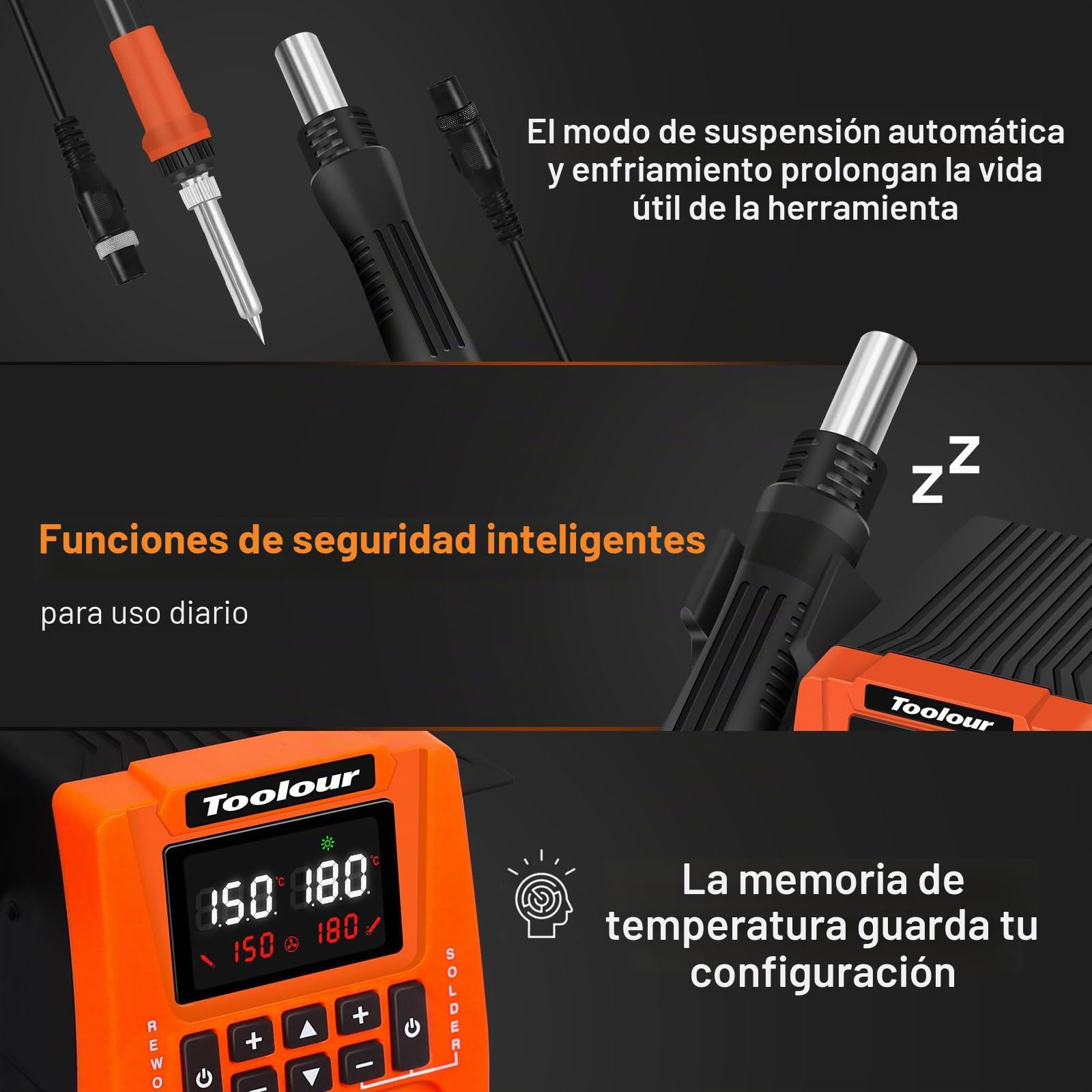 TOOLOUR Estación de soldadura 2 en 1 700W con pistola de aire caliente y soldador, pantalla LCD, control PID, temperatura ajustable 100–500°C, apagado automático, ideal para principiantes