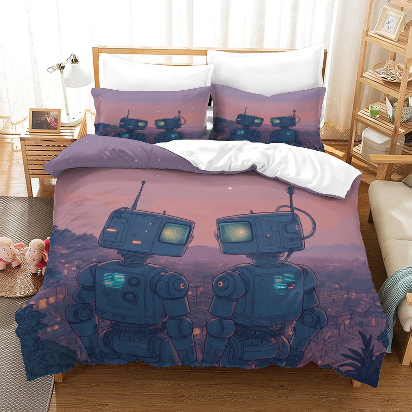 P1S9U7W5Y Cartoon Robot Romantic 3D Printed Duvet Cover Set 3pcs Microfiber Robots Bedding Set Double（200x200cm）