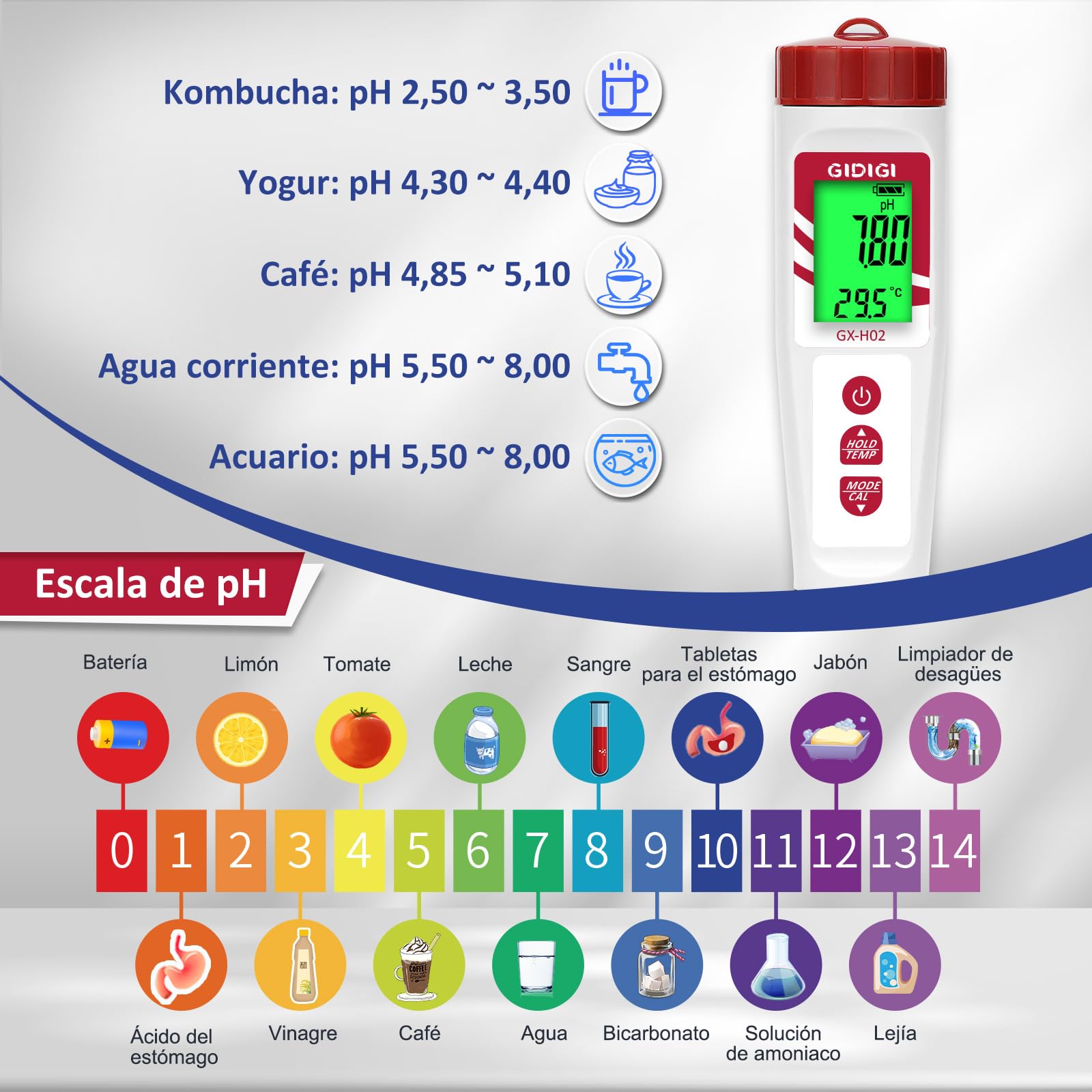 Probador de Hidrógeno de Agua Hidrogenada y Medidor ph Agua Potable, Medidor H2 y ORP de Agua 4 en 1, Medidor de Agua Hidrogenada para Botella de Agua de Hidrógeno, Agua Potable, Hidropónica